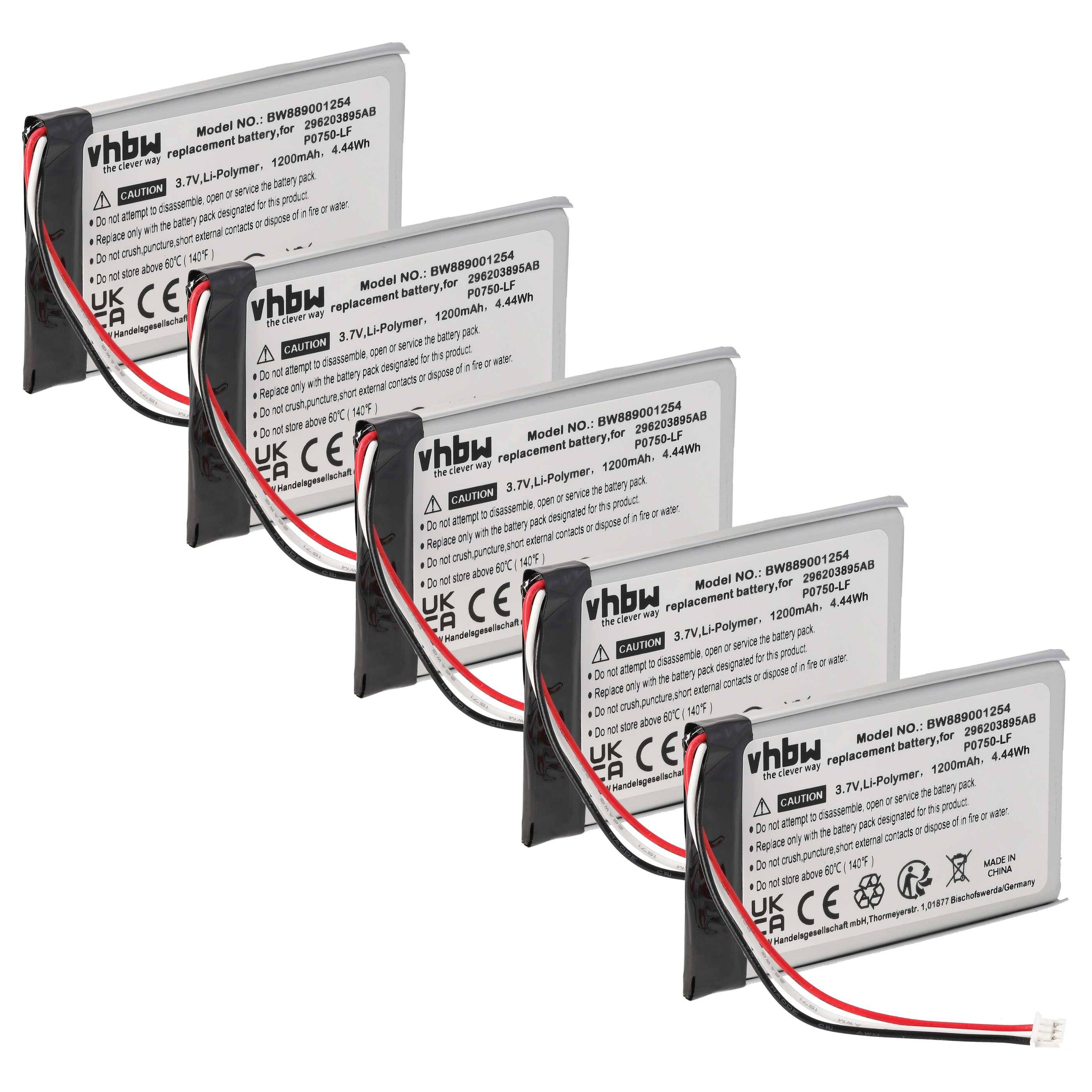 Fünf wiederaufladbare Akkupacks mit der Modellnummer 'BVBW0012554'. Jeder Akku hat 3,7V, 1250mAh, inklusive Kabeln und Anschluss.