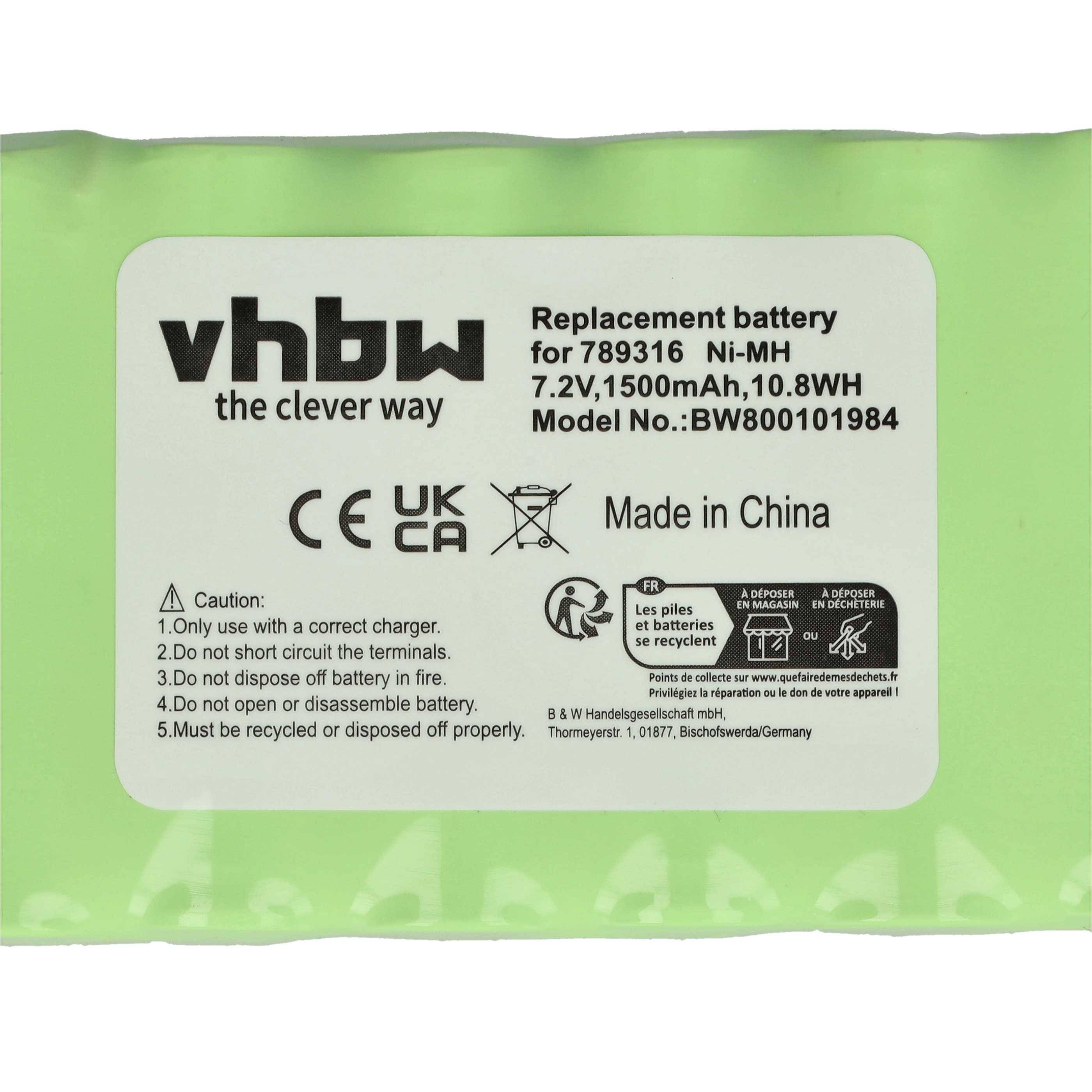 vhbw Ersatzakku für 789316 Ni-MH 7,2V, 1500mAh, 10,8Wh Modell-Nr.: BWB00101984. Hergestellt in China. CE-, UKCA-Kennzeichnung. Vorsicht: Nicht Feuer oder Kurzschluss aussetzen.