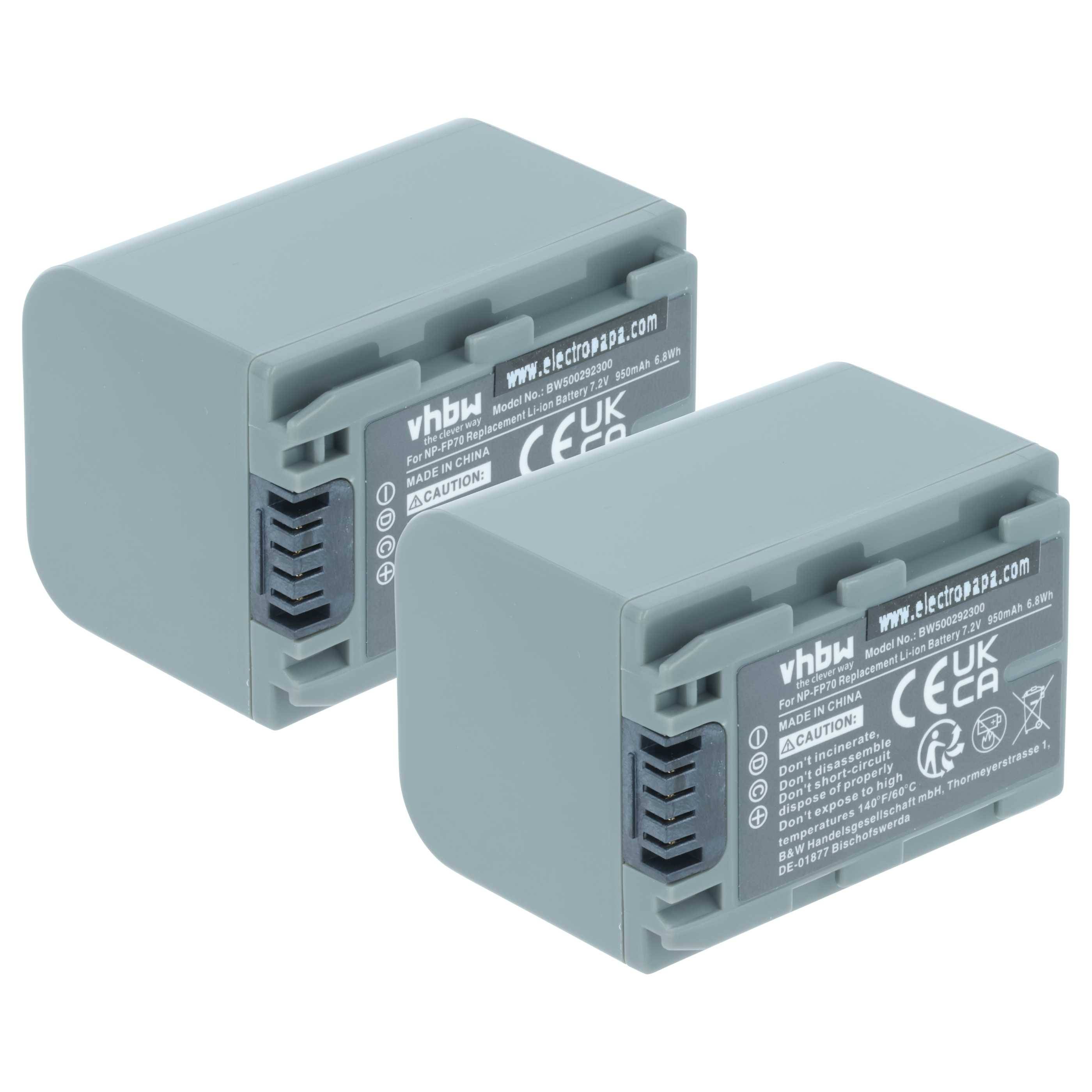 Zwei graue vhbw-markierte Akkupacks mit Etiketten, die technische Spezifikationen zeigen, geeignet für Kamera- oder elektronische Gerätenutzung.