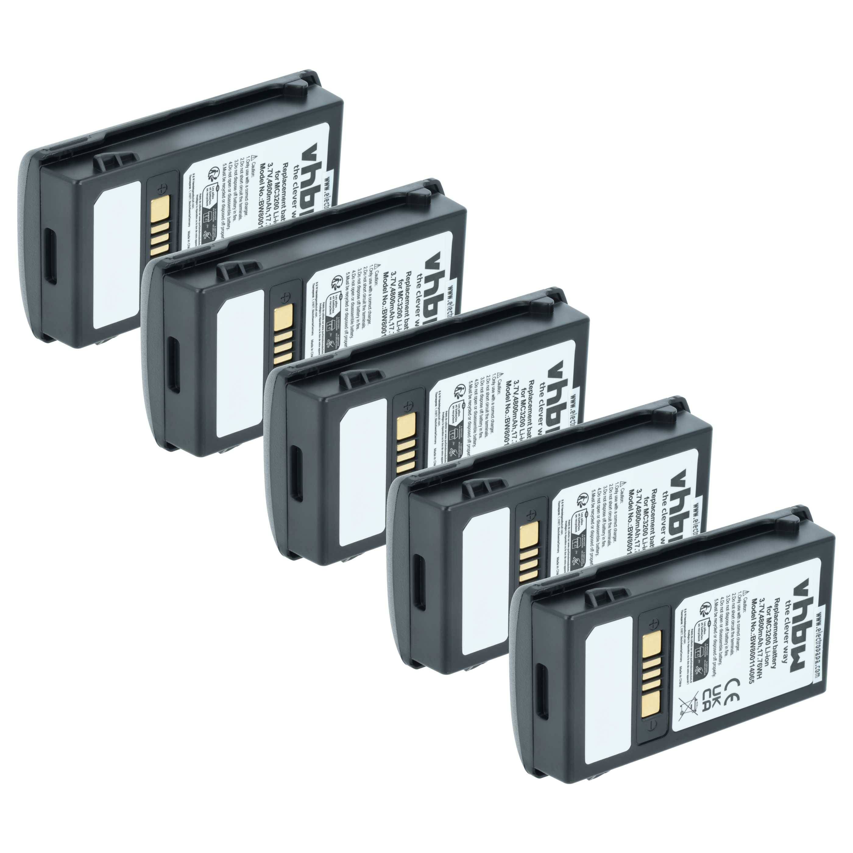 Fünf schwarze wiederaufladbare Batteriepacks diagonal auf weißem Hintergrund angeordnet, mit goldenen Kontaktterminals und Produktetiketten.