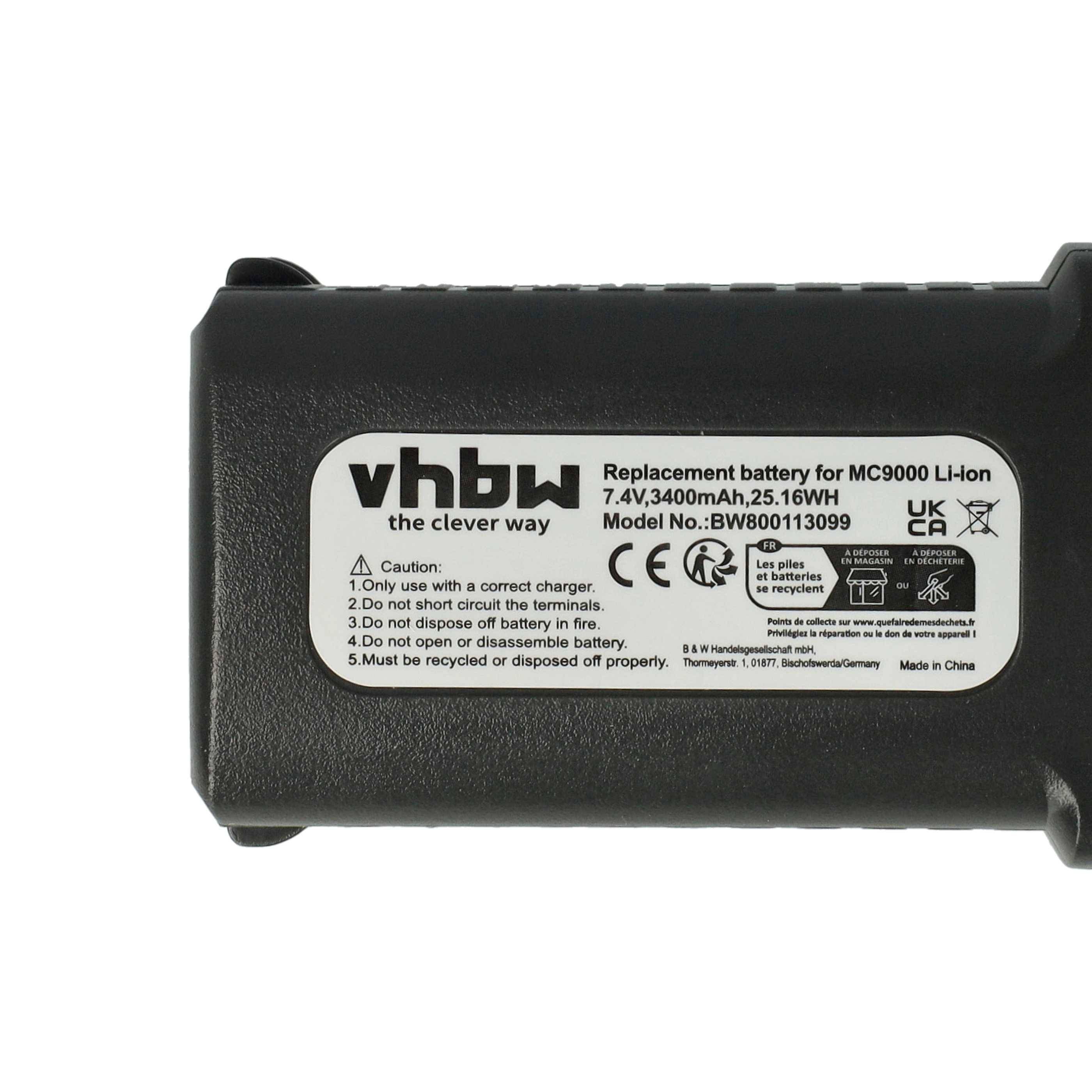 Ein rechteckiger Lithium-Ionen-Ersatzakku, beschriftet für das Modell MK9000, mit Spezifikationen einschließlich 3400 mAh und 25,16 Wh.