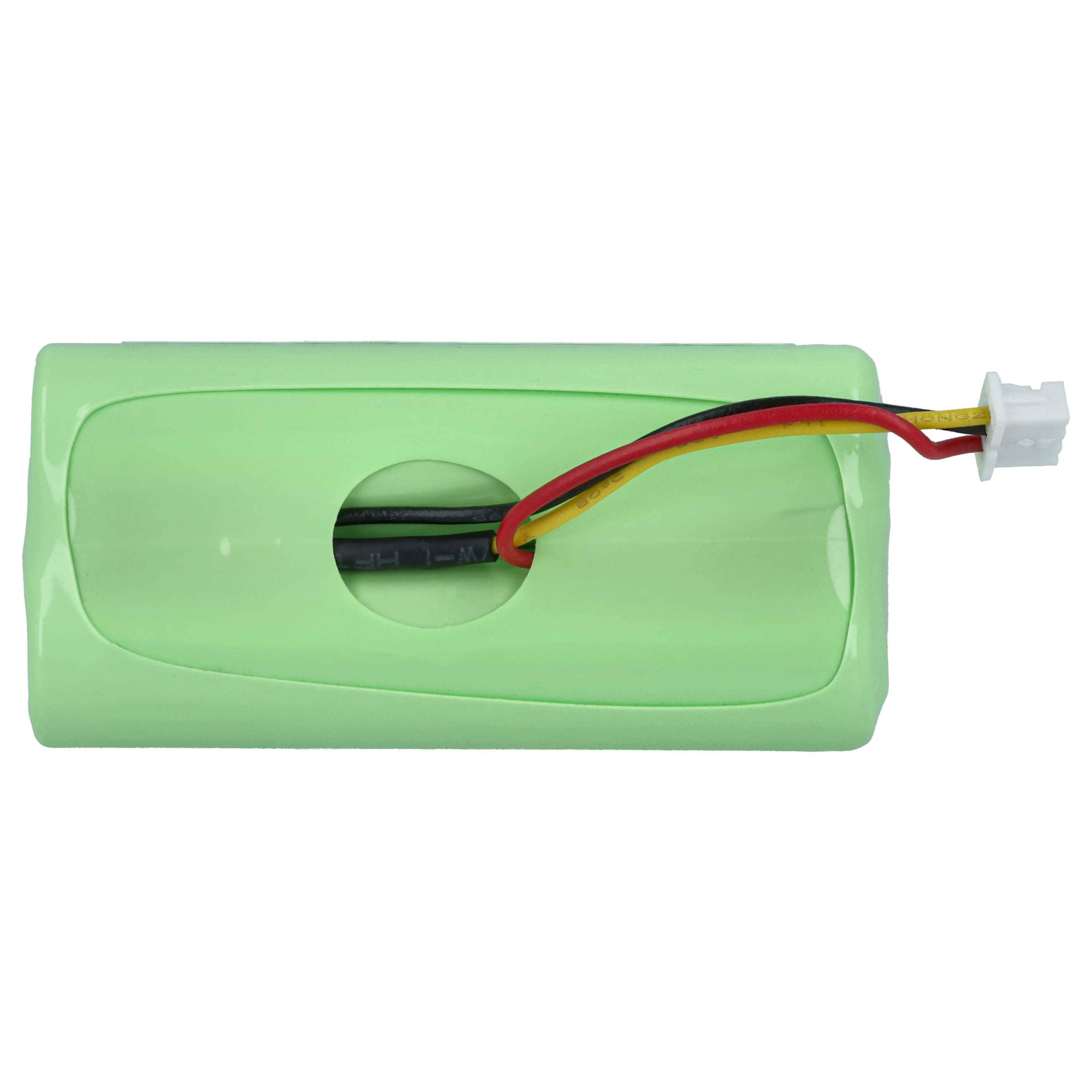 Ein grünes aufladbares Batteriepaket mit angeschlossenen roten, gelben und schwarzen Kabeln, die in einem weißen Anschluss enden.