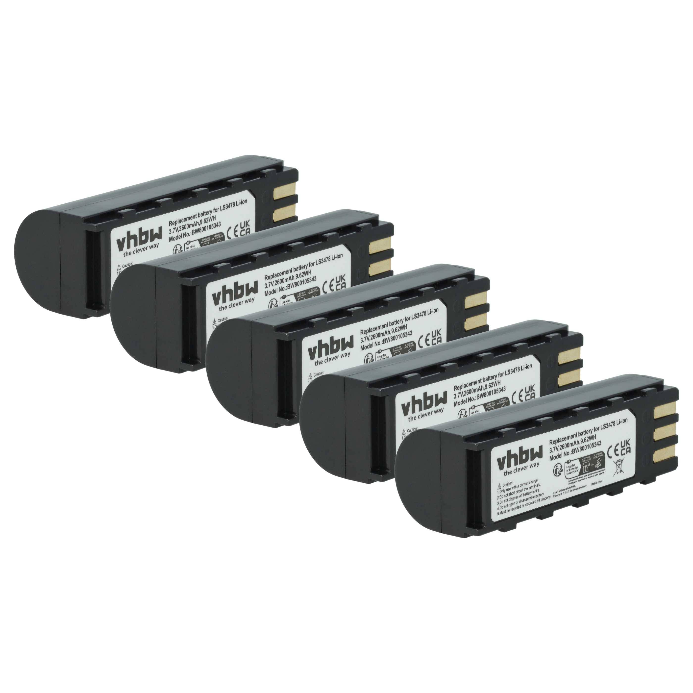 Fünf schwarze wiederaufladbare Batterien mit sichtbaren Etiketten, in einer versetzten Reihe angeordnet, die Spannungs- und Kapazitätsdetails anzeigen.