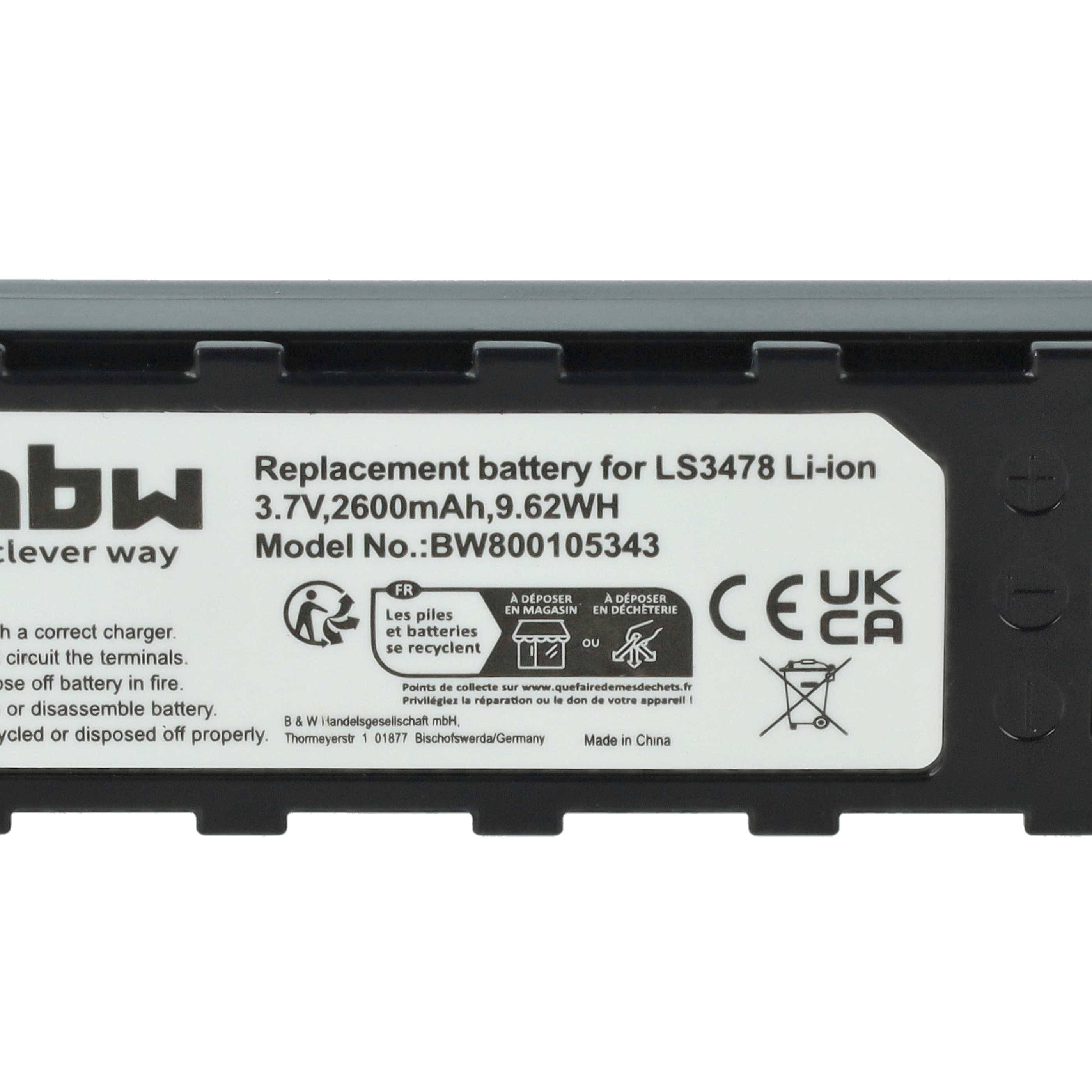 Ersatzbatterie für LS3478 Lithium-Ionen, 3,7V, 2600mAh, 9,62Wh, Modell-Nr.: BBW800105343.' Inklusive Recycling- und Zertifizierungssymbole.