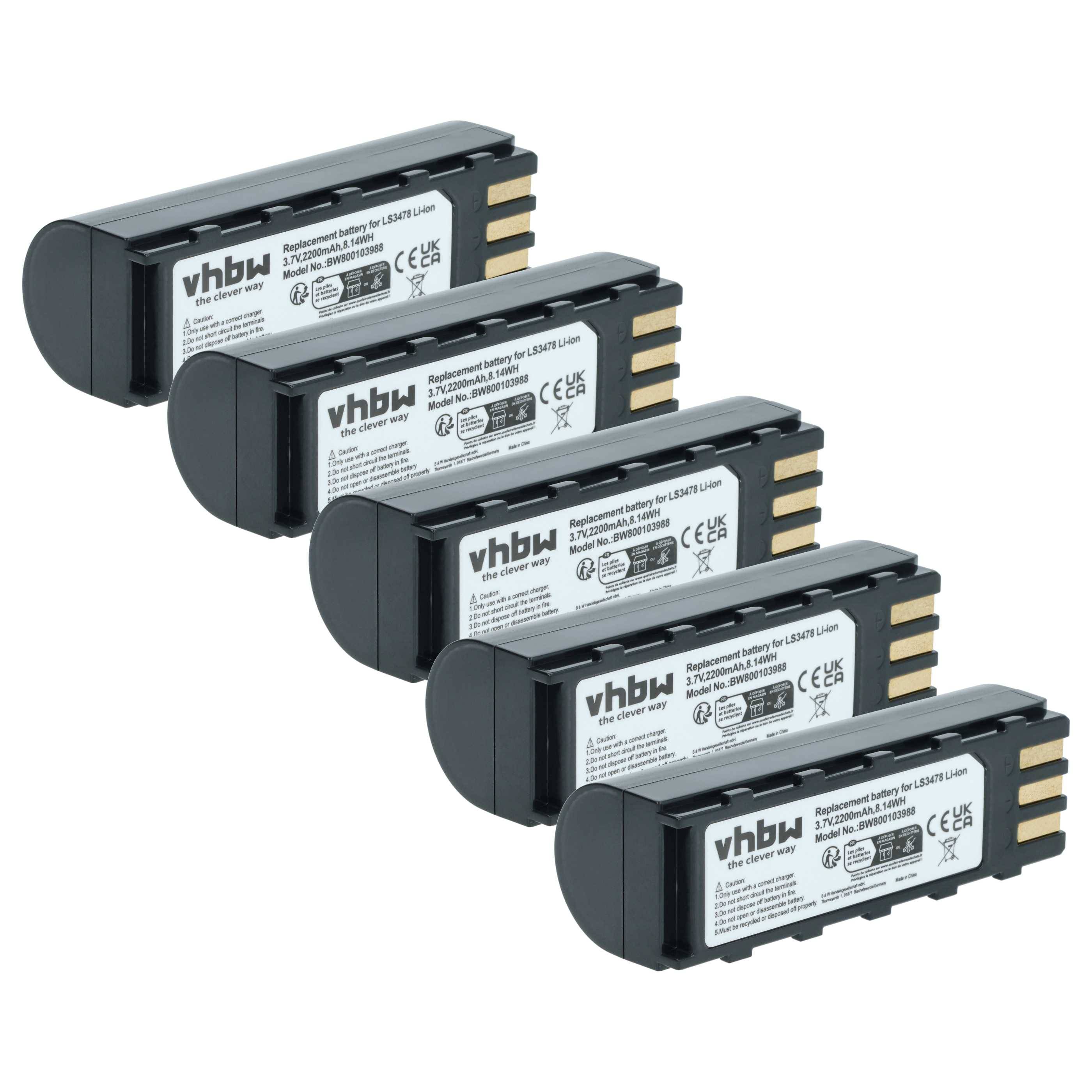 Fünf identische vhbw wiederaufladbare Lithium-Ionen-Akkus, die in einer Reihe ausgerichtet sind, wobei jeder mit Spezifikationen und Produktdetails beschriftet ist.