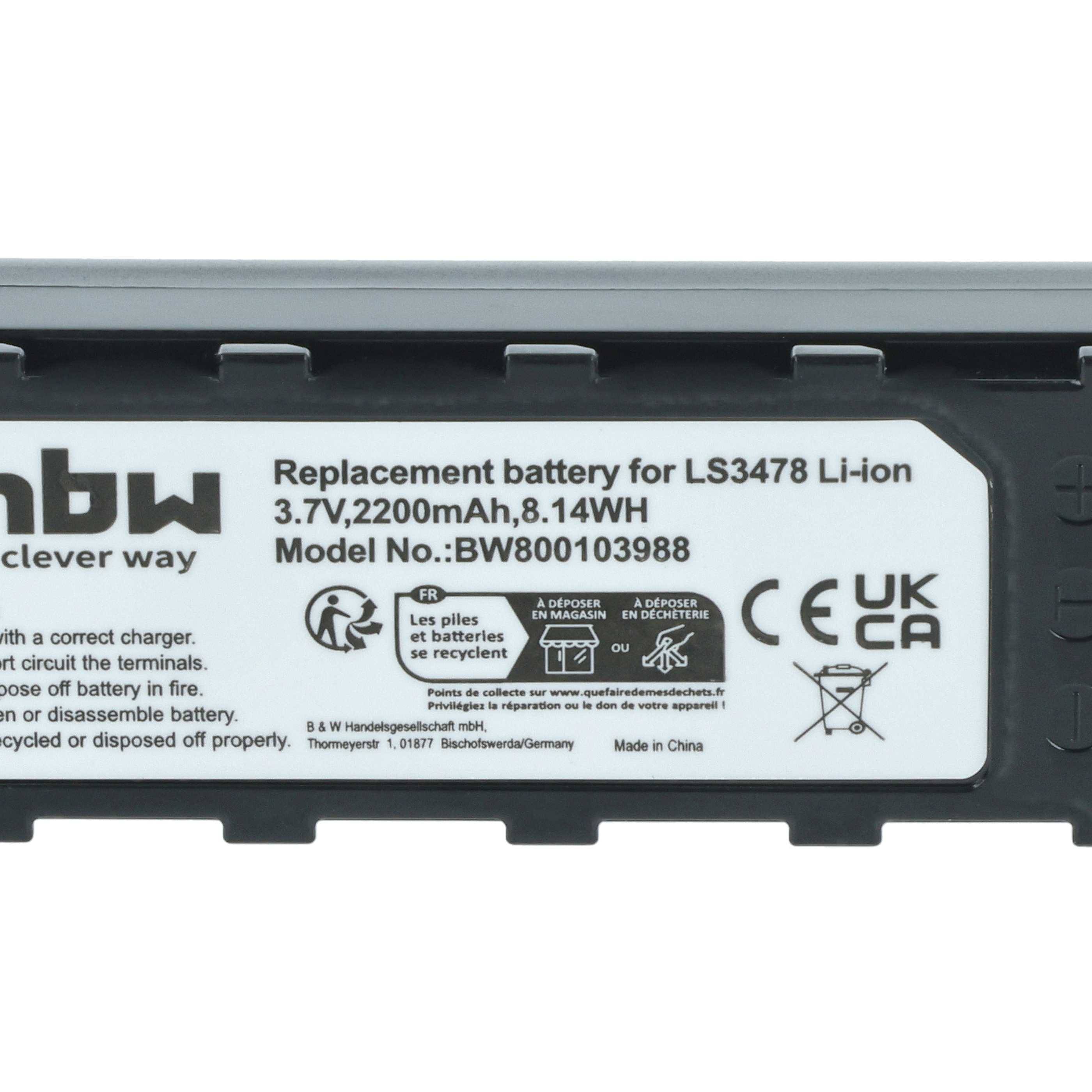 Ersatz-Lithium-Ionen-Akku Modell LS3478, 3,7V, 2200mAh, mit Recycling-Symbolen und UK- und CE-Konformitätszeichen.