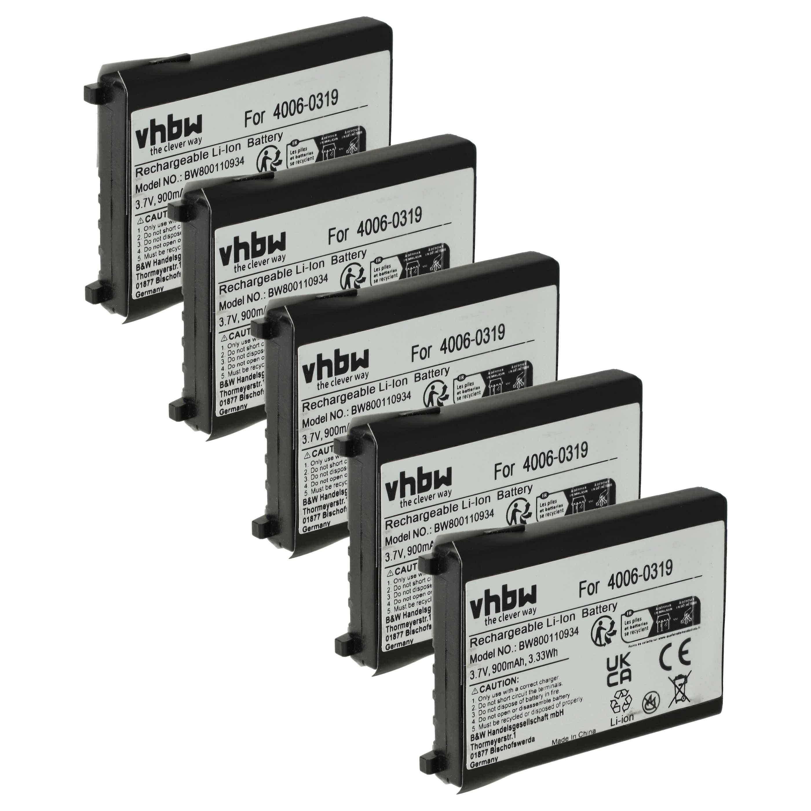 Fünf vhbw Lithium-Ionen-Akkus für Garmin 010-11874-00 und BNV801103H Modelle, jeweils 3,7 V und 1100 mAh.