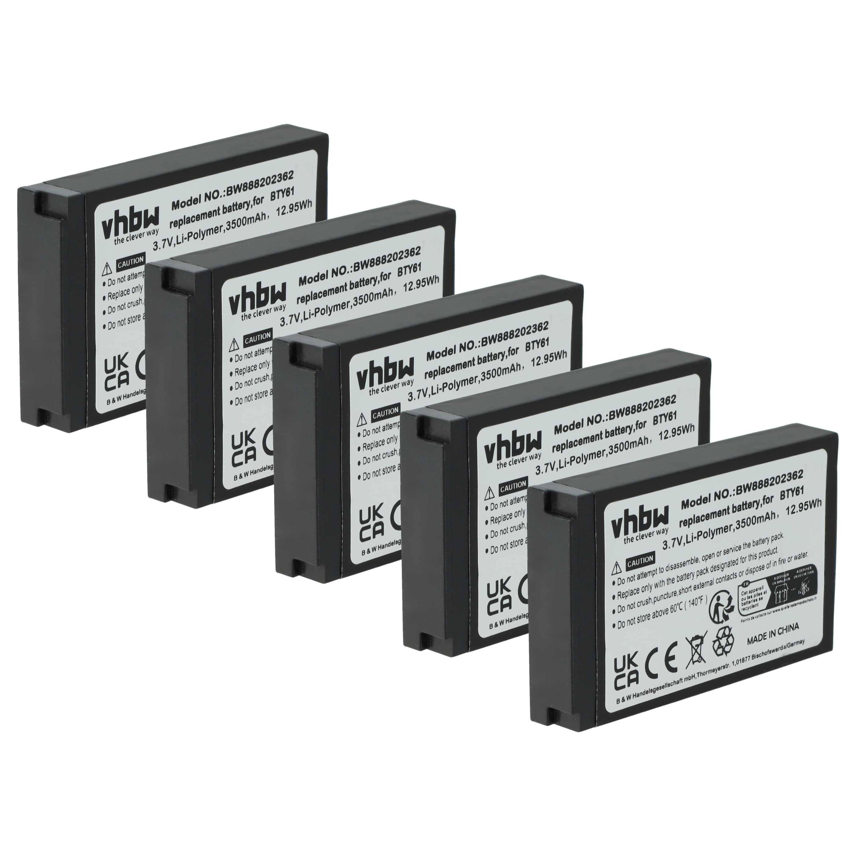 Fünf rechteckige Batterien mit der Bezeichnung 'vhbw', versehen mit Modellnummer, 3,7V Li-Polymer, 3500mAh, 12,95Wh, in einer versetzten Linie angeordnet.