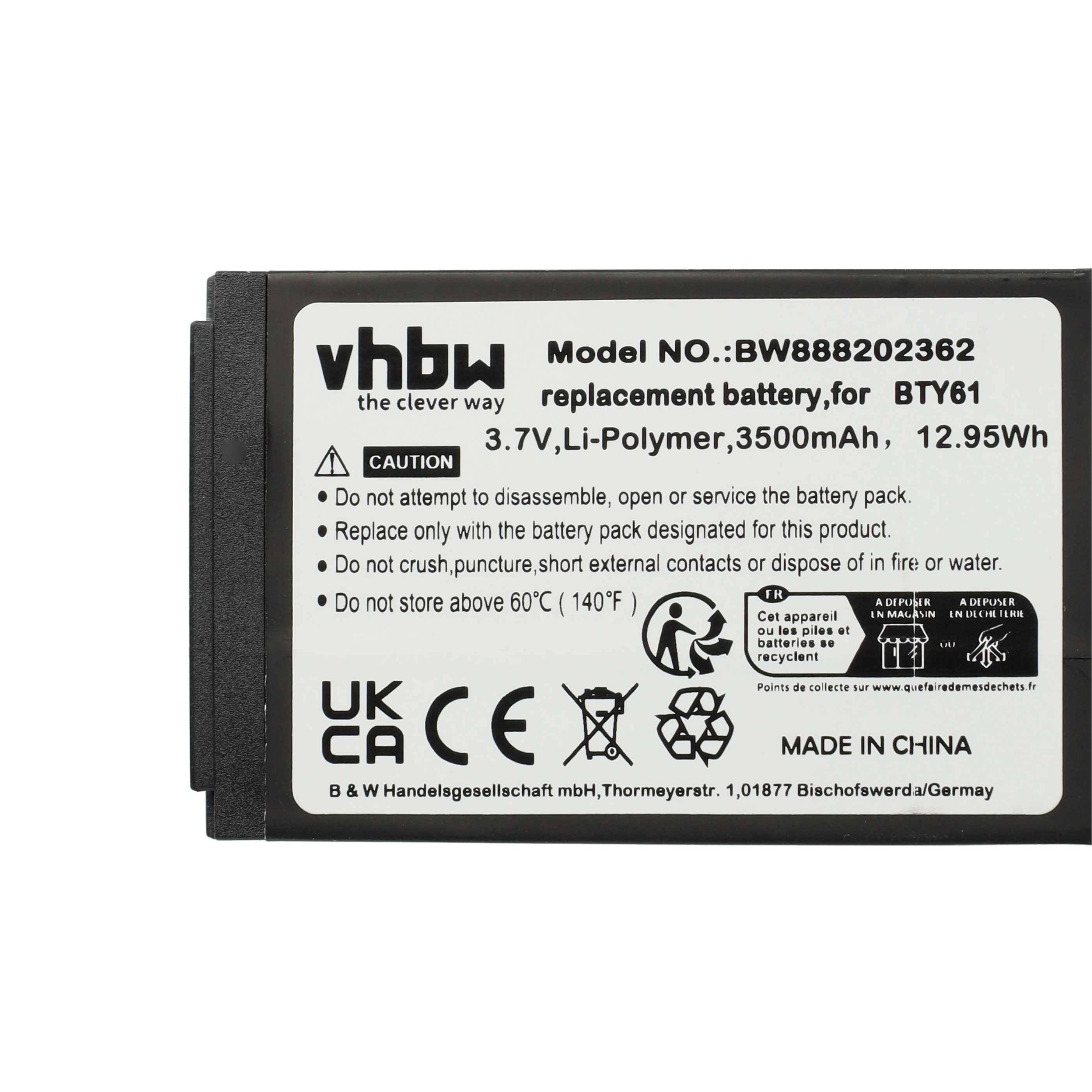 Batterie mit Modellnummer BW888202362 Details: 3,7V, Li-Polymer, 3500mAh, 12,95Wh. Warnung: Vermeiden Sie Hitze, direkten Kontakt und externe Beschädigungen.