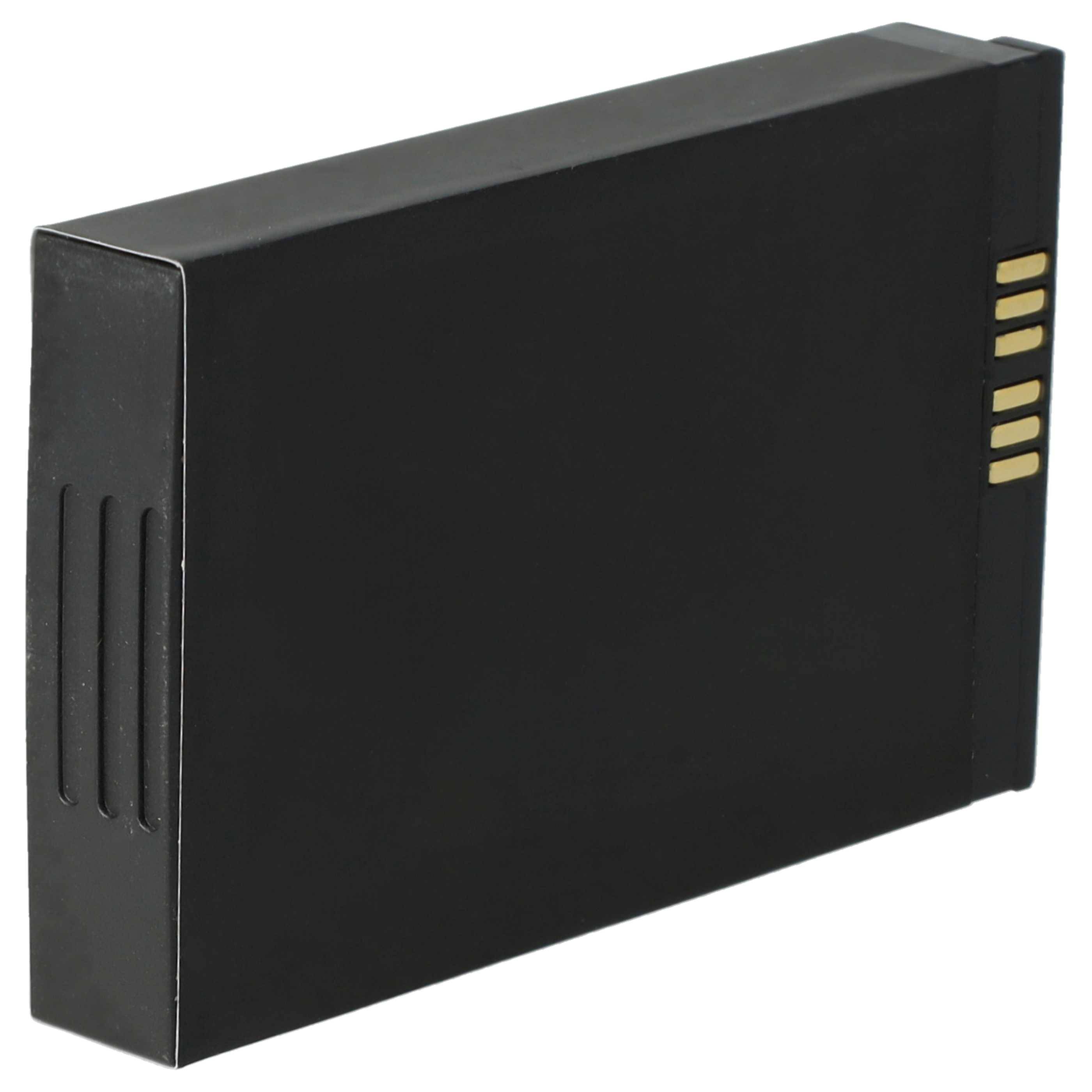 Ein kleiner, rechteckiger schwarzer Akkupack mit goldenen Anschlüssen auf einer Seite, der für elektronische Geräte verwendet wird.