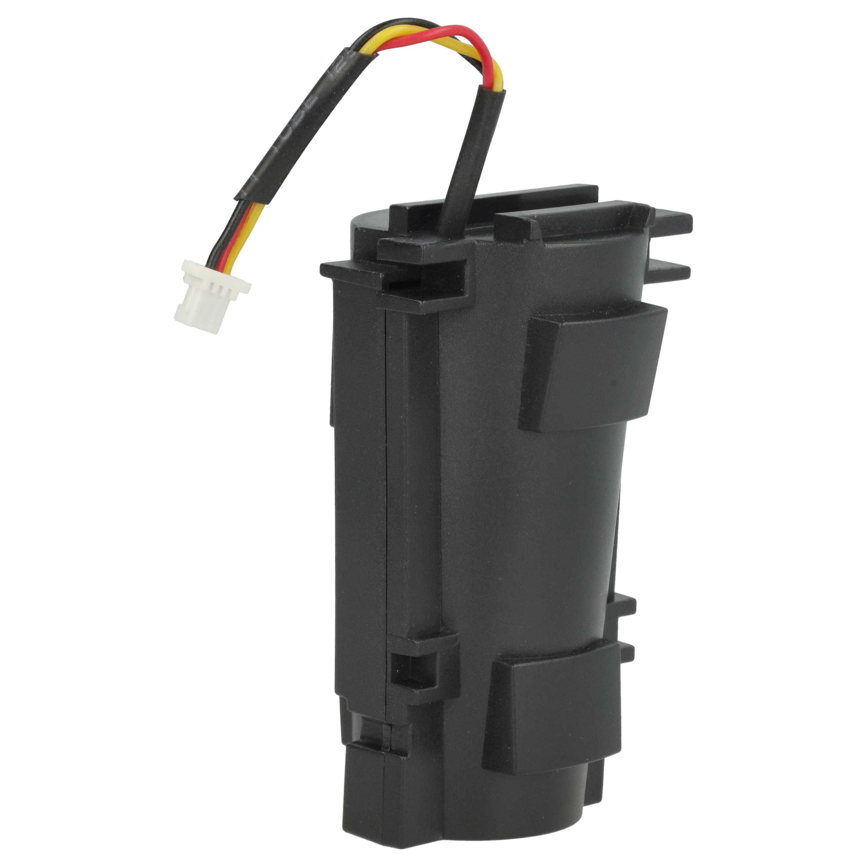 Eine schwarze zylindrische elektronische Komponente mit mehreren Kabeln und einem weißen Anschluss, möglicherweise in einem technischen oder industriellen Umfeld verwendet.