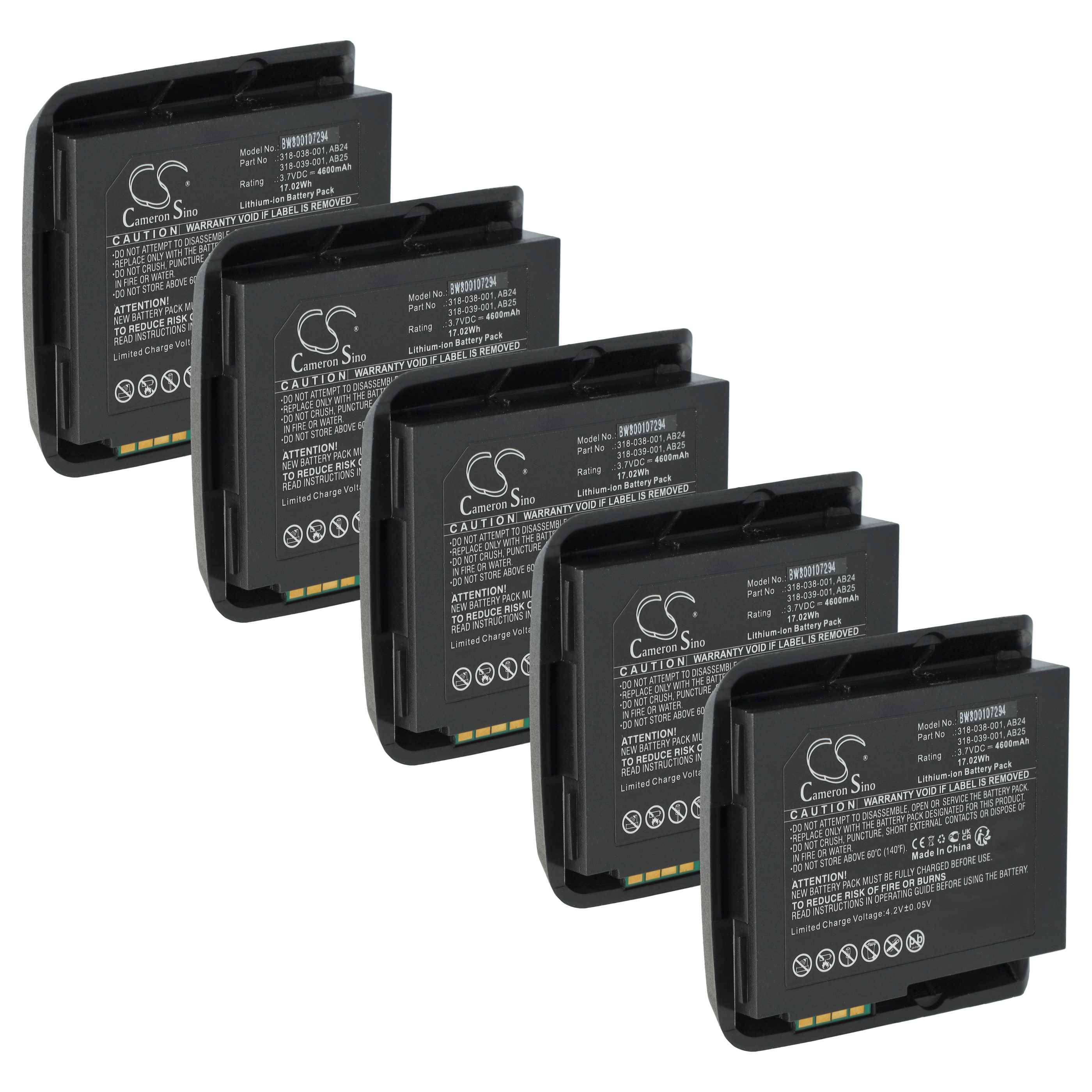 Fünf schwarze wiederaufladbare Batterien in einer Reihe, wobei jede detaillierte Beschriftungen mit Spezifikationen und Sicherheitswarnungen aufweist.