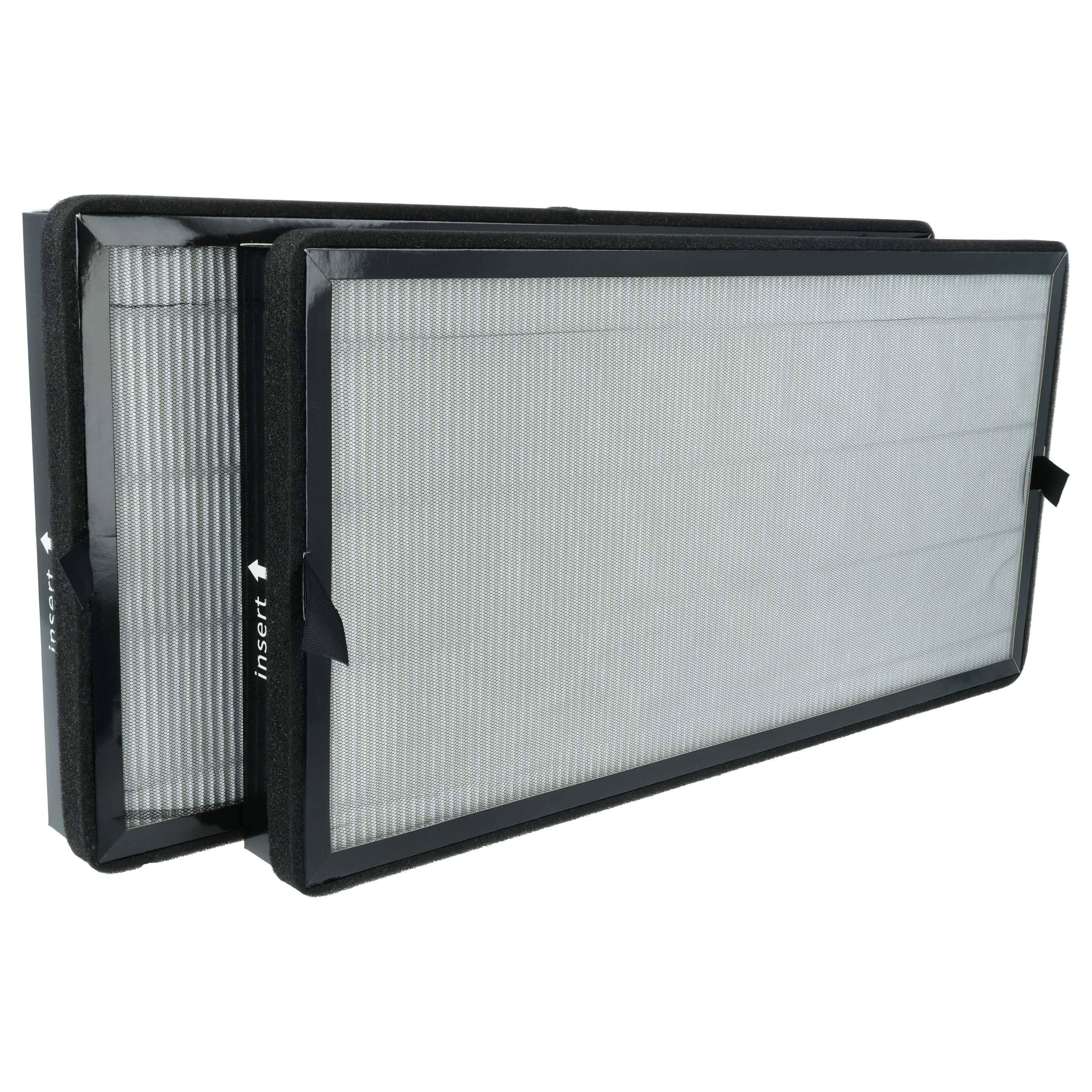 Zwei rechteckige Luftfilter in schwarzen Rahmen, nebeneinander positioniert, mit 