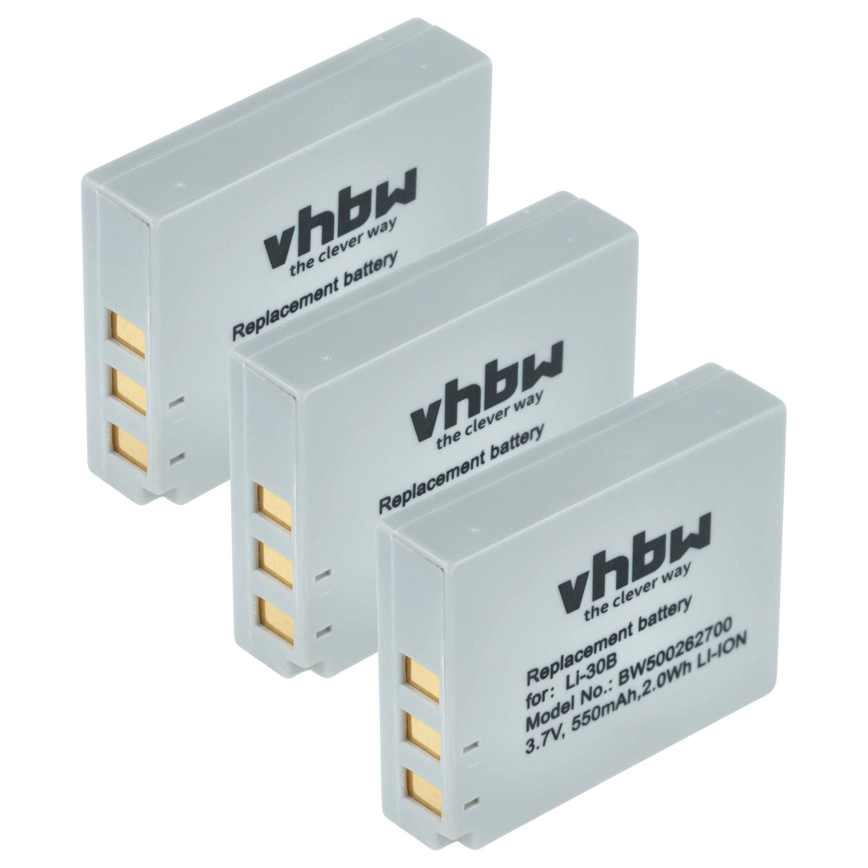 Drei identische graue Ersatzbatterien mit der Aufschrift „vhbw, the clever way