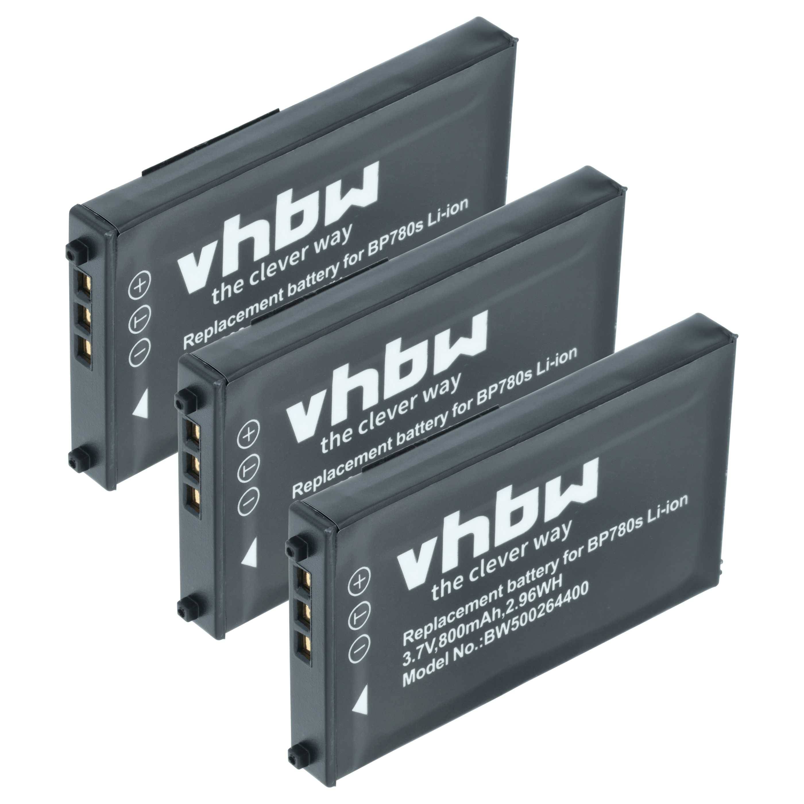 Drei identische schwarze Lithium-Ionen-Akkus für BP780s, gekennzeichnet mit 'vhbw the clever way', jeweils ausgelegt mit 3,7V, 800mAh, 2,96Wh.