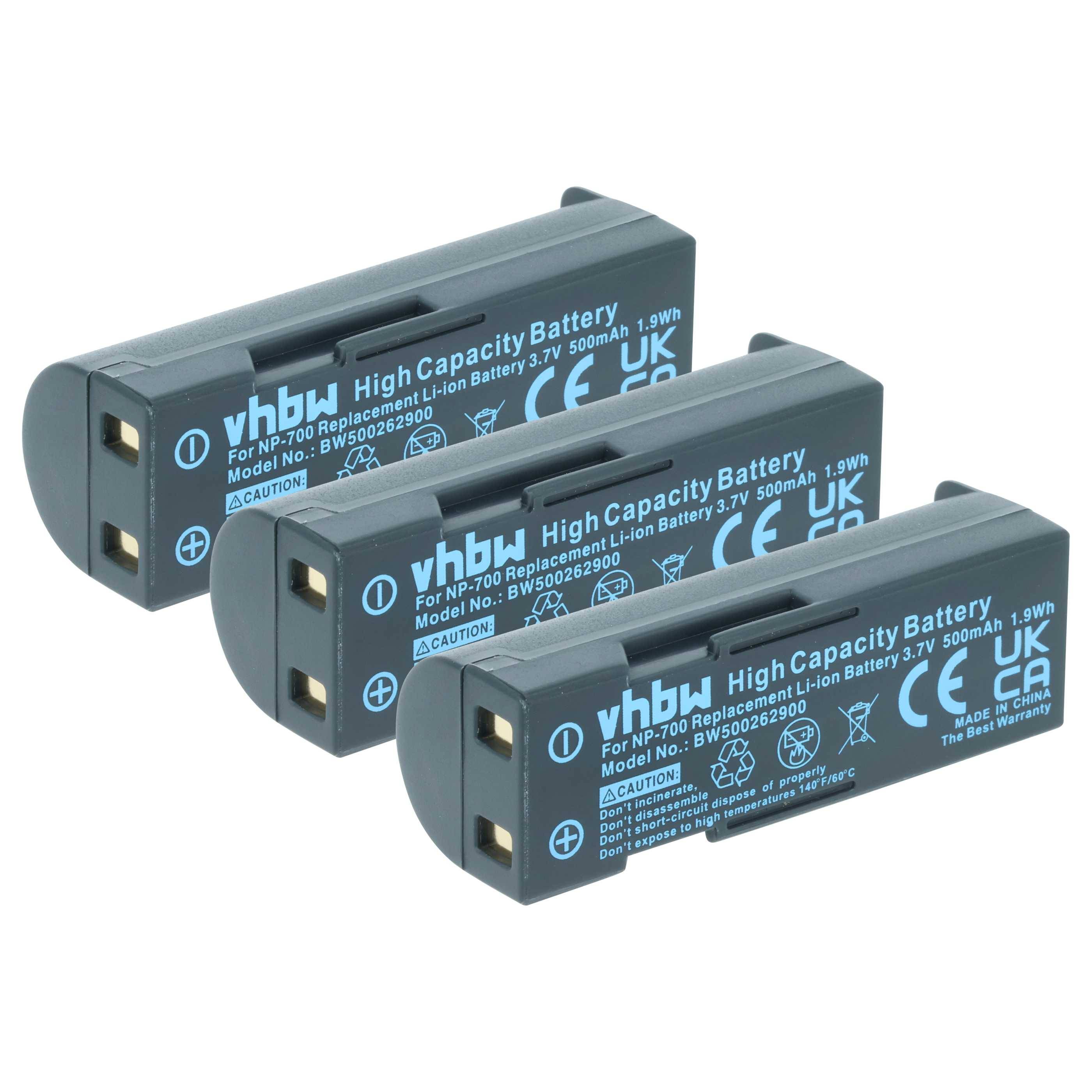 Drei schwarze vhbw Lithium-Ionen-Akkus mit hoher Kapazität, Modell BW50022950, 3,7V, 500mAh, in versetzter Reihe angeordnet.