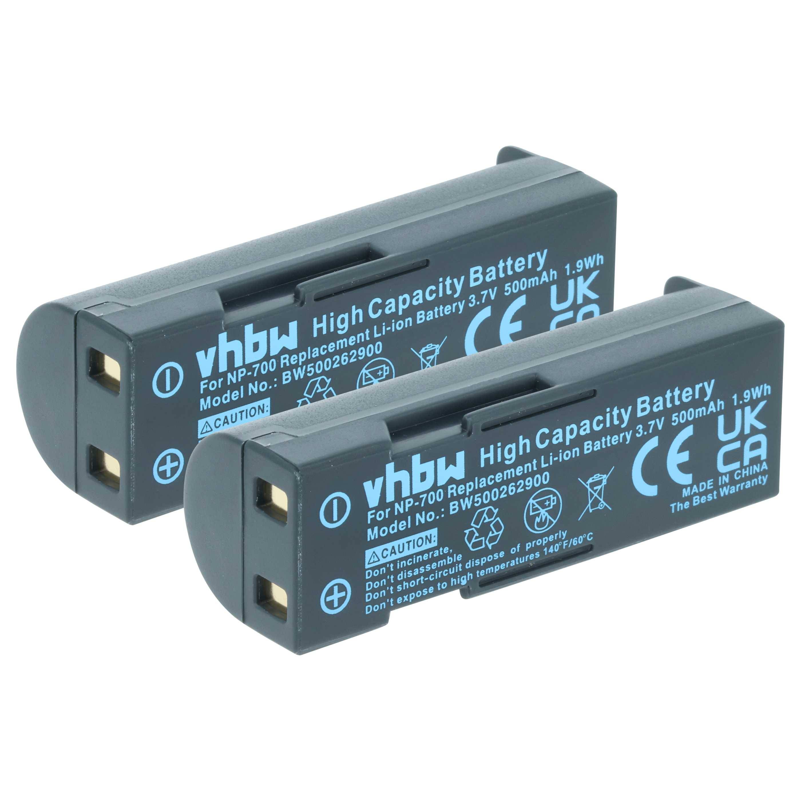 Zwei Lithium-Ionen-Hochleistungsbatterien, Modell NP-70, mit Kennzeichnung 3,7V, 500mAh, 1,9Wh. Beide weisen eine Warnhinweis und Zertifizierungszeichen auf.