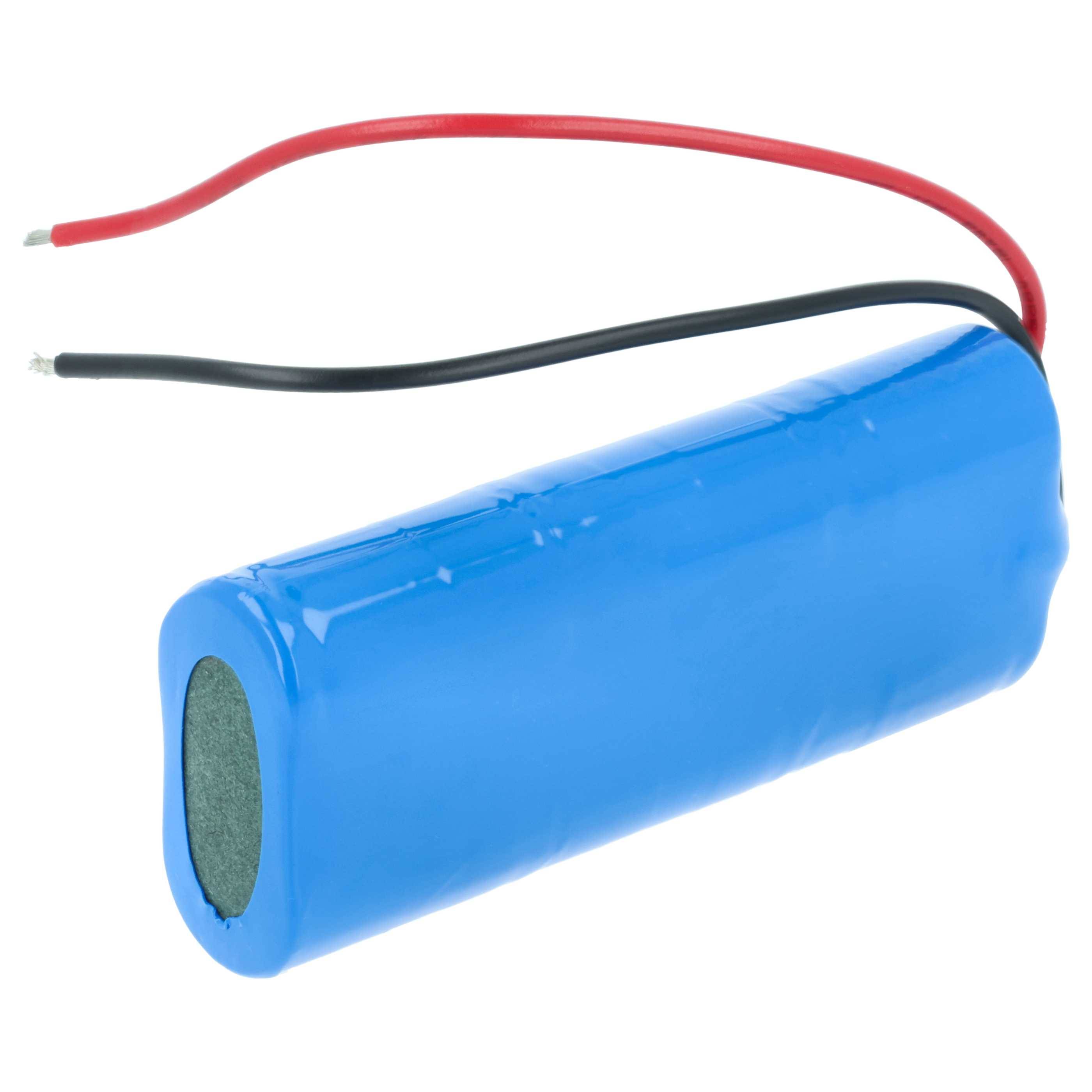 Blaue zylindrische wiederaufladbare Batterie mit roten und schwarzen Leitungsdrähten, die sich von einem Ende erstrecken.