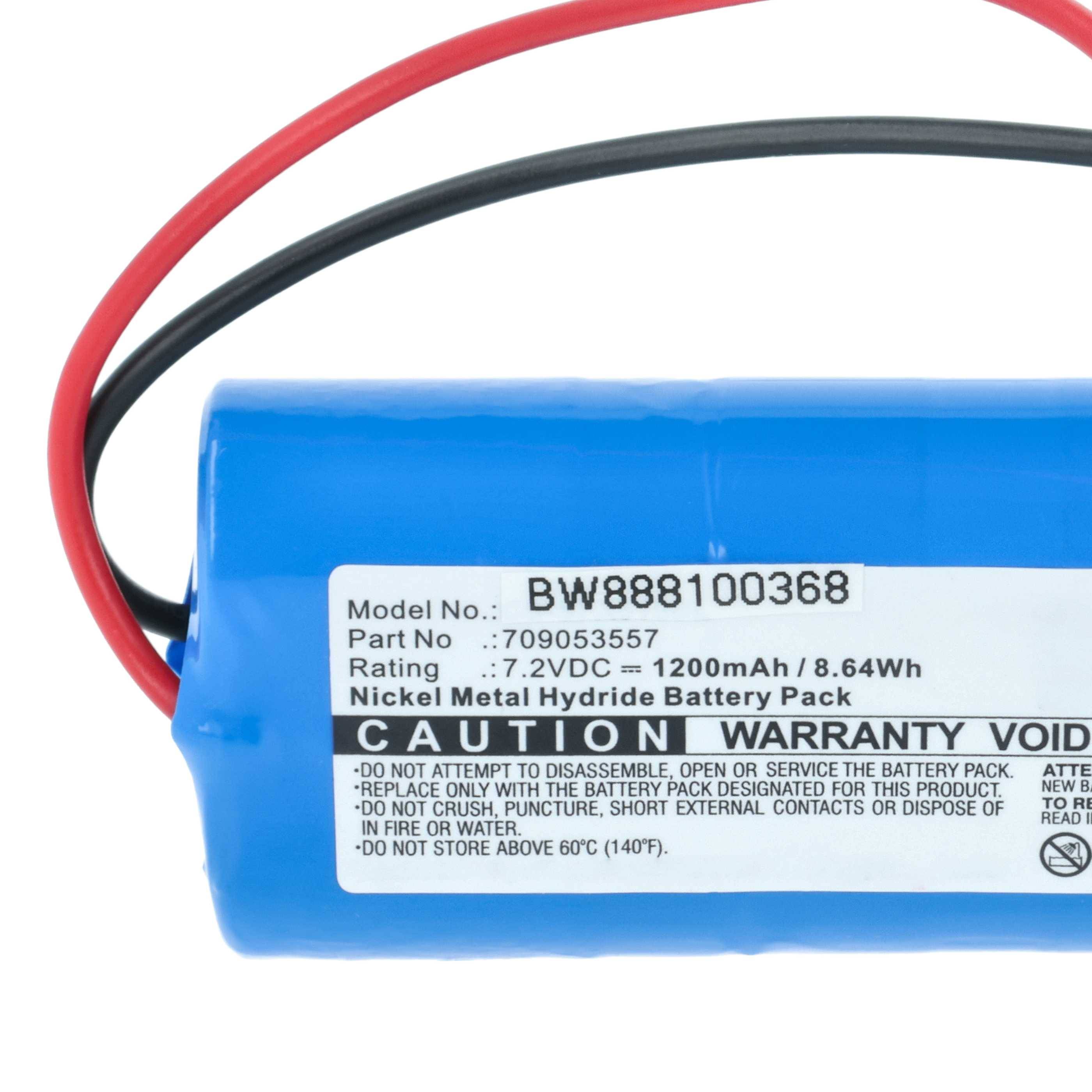 Blaues Nickel-Metall-Hydrid-Batteriepaket mit roten und schwarzen Drähten; das Etikett zeigt das Modell BW888100368, 7,2VDC 1200mAh.
