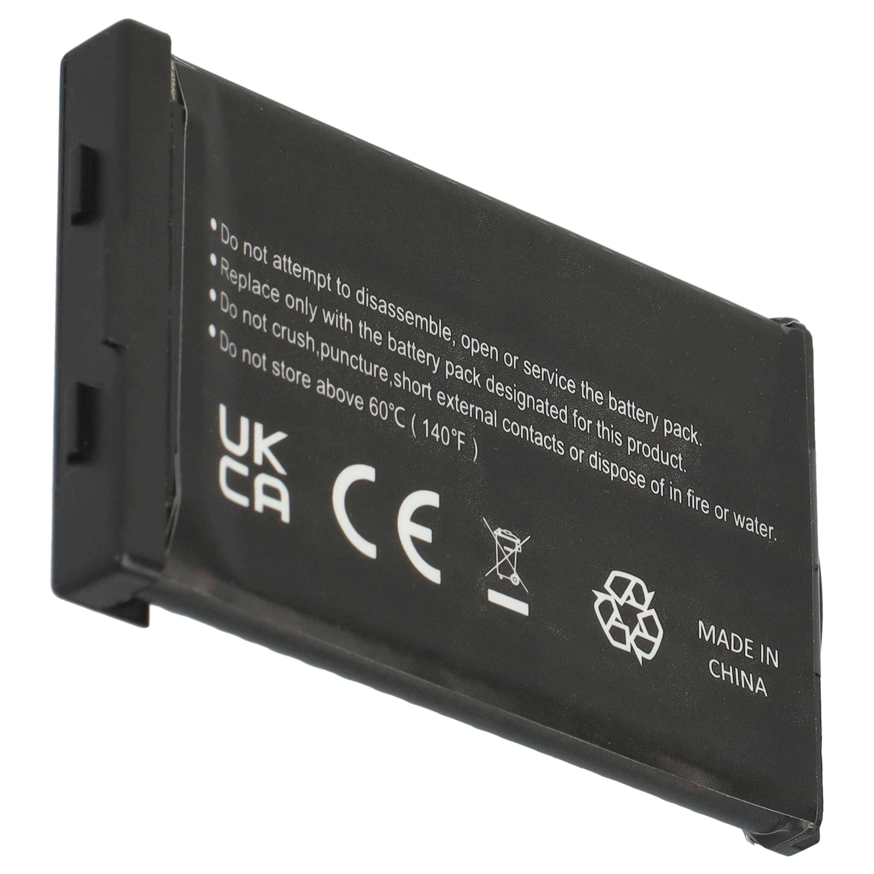 Eine schwarze elektronische Batterie mit Sicherheitssymbolen und Warnhinweisen: 'Nicht zerlegen', 'Nur durch vorgesehene Batterie ersetzen', 'Nicht zerquetschen.