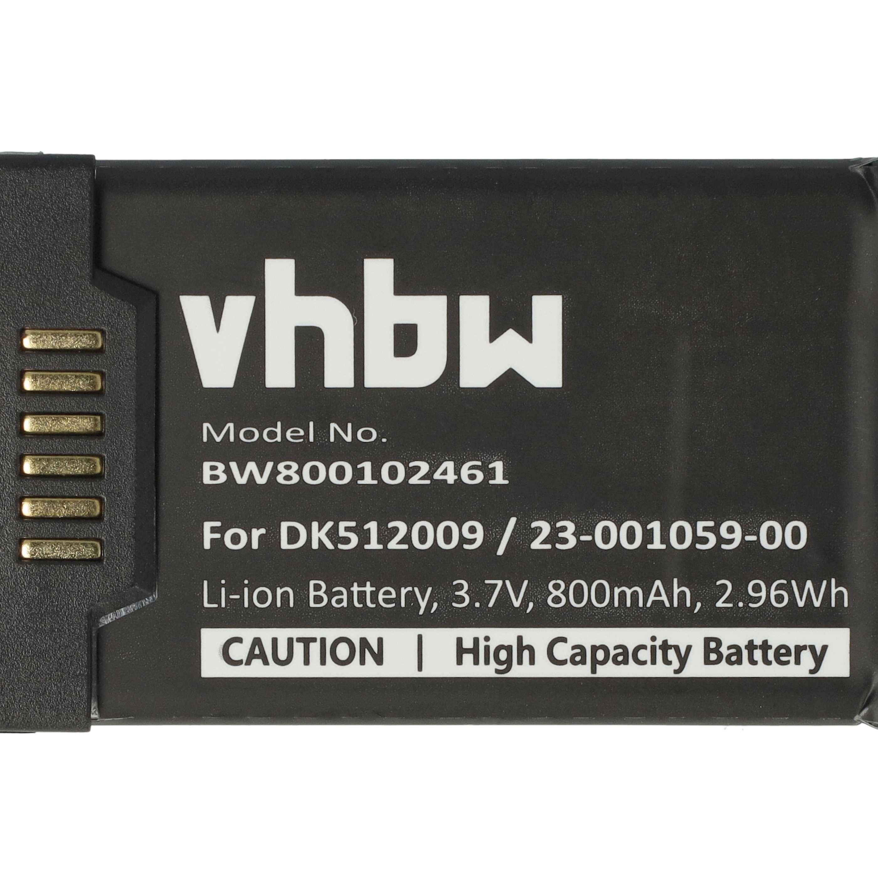vhbw'-Akku mit der Modellnummer 'BW800102461' für 'DK512009 / 23-001059-00'. Spezifikationen: Li-Ion, 3,7V, 800mAh, 2,96Wh.