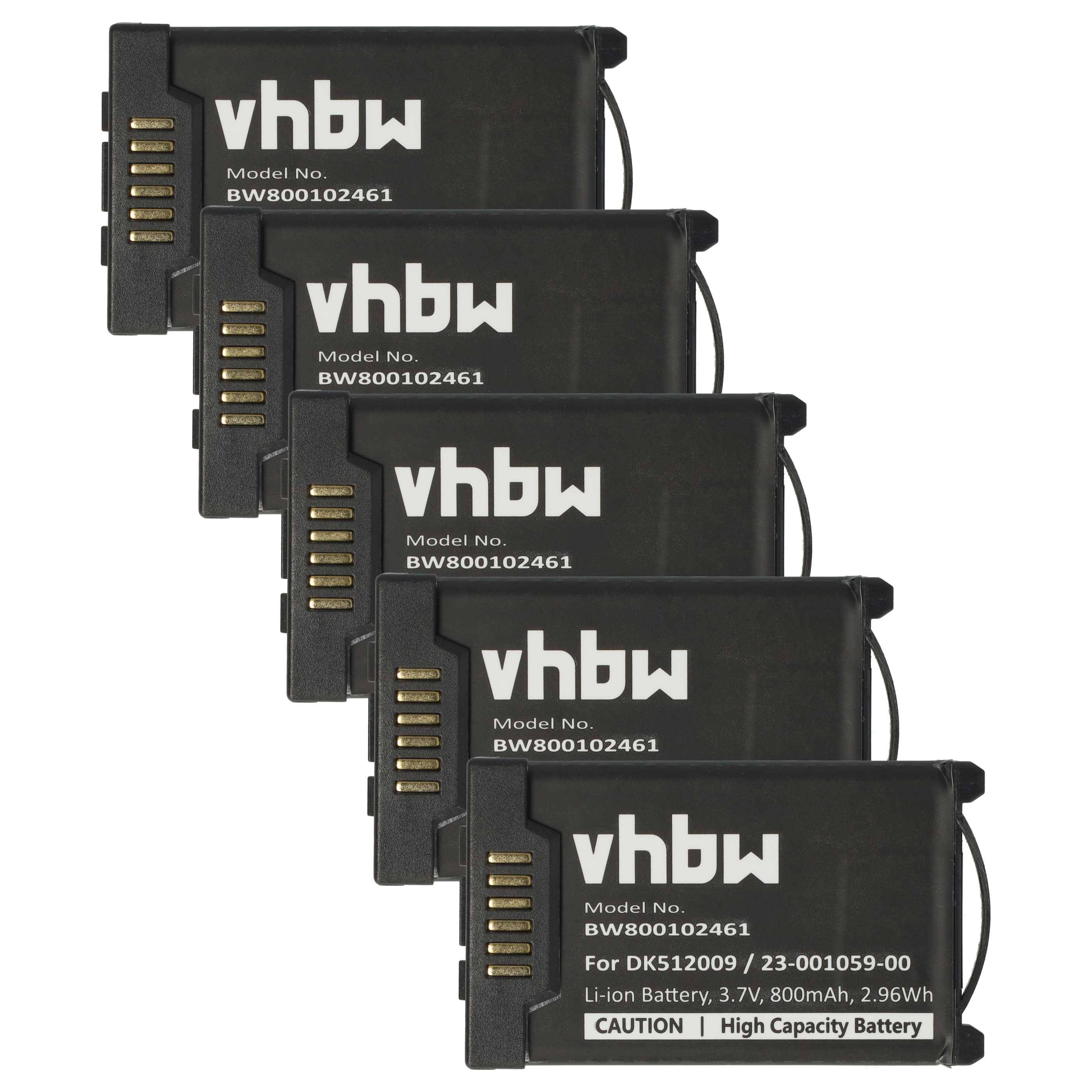 Fünf schwarze vhbw-Kamerabatterien, Modell BW800102461, werden in einer absteigenden Reihe gezeigt. Jede Batterie ist mit Kapazitäts- und Warnhinweisdetails beschriftet.