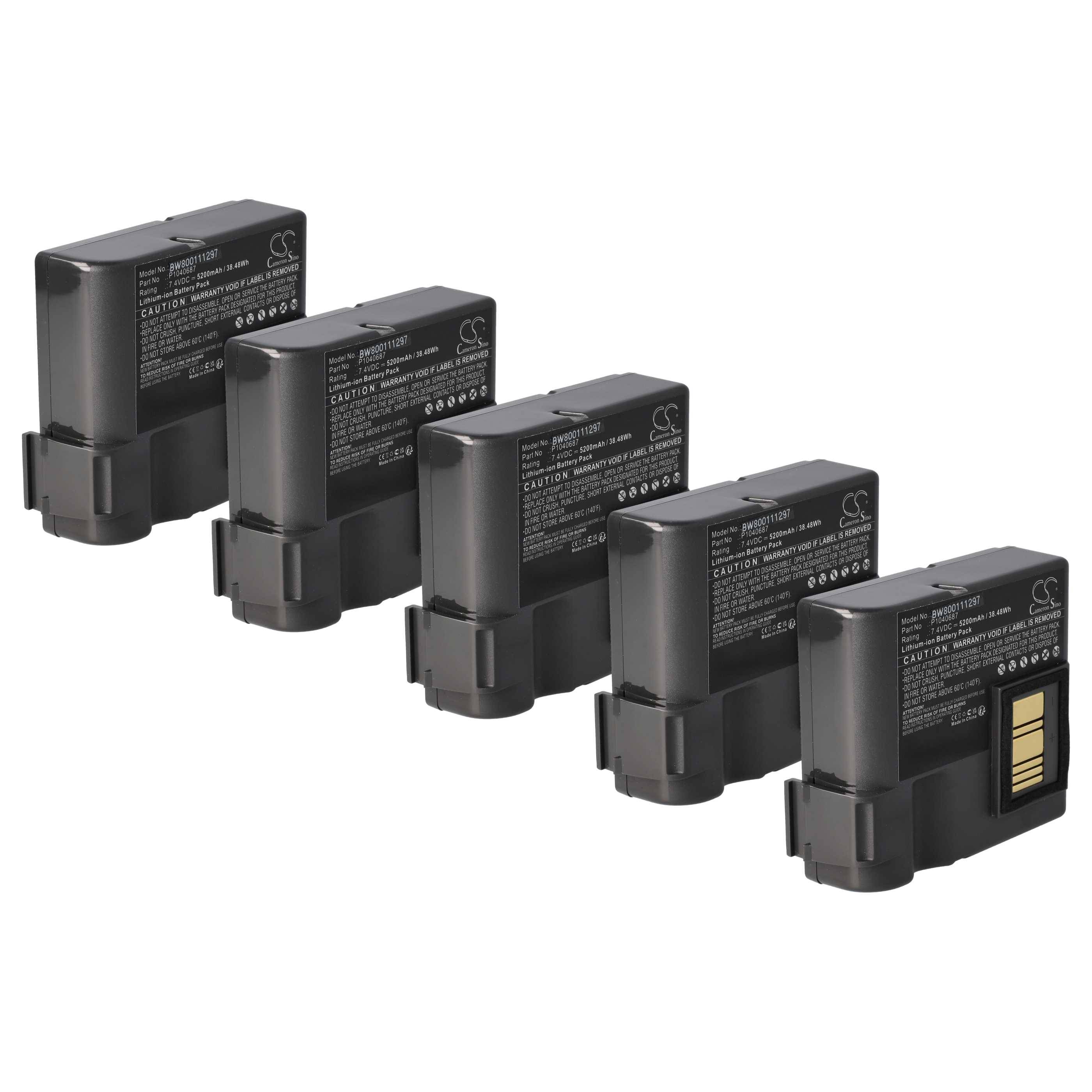 Fünf schwarze Kamerabatterien, die in einer Reihe ausgerichtet sind, wobei jede Batterie detaillierte Spezifikationstexte auf ihren Etiketten trägt.