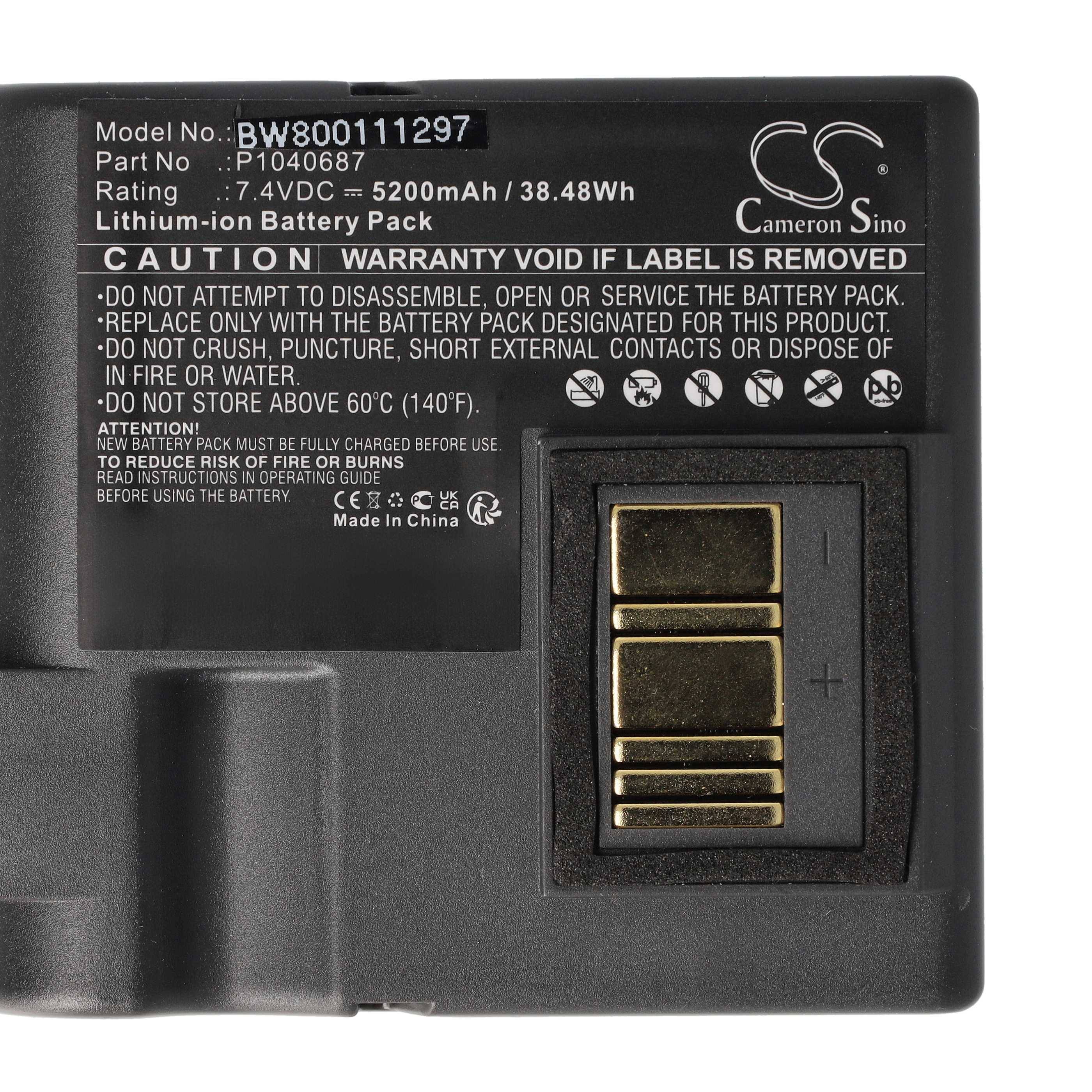 Modell-Nr.: BW800111297, Lithium-Ionen-Akkupack - 7,4V, 5220mAh, 38,48Wh mit Warnhinweis: 'Nicht bei Temperaturen über 60°C (140°F) lagern'.