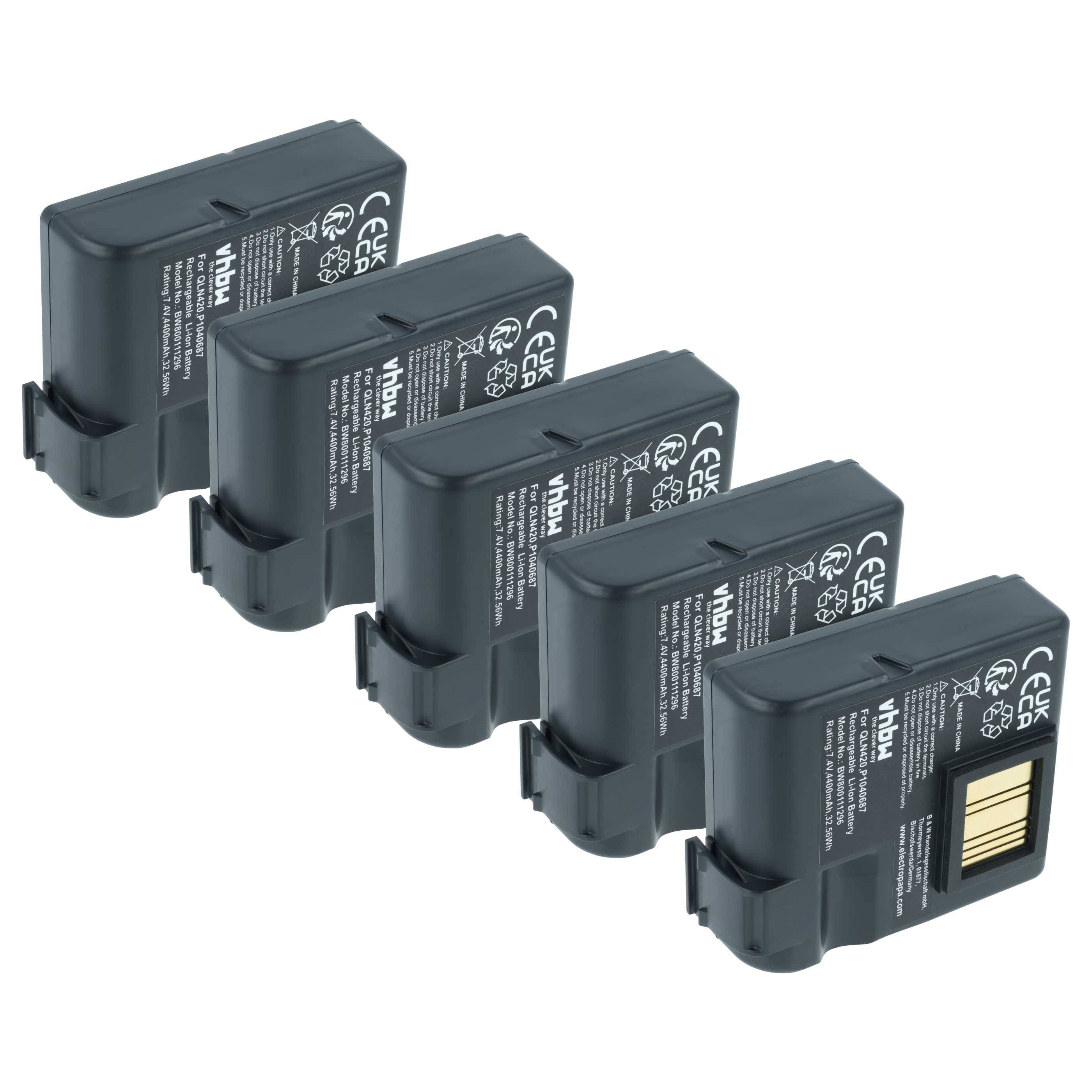 vhbw 5x Akku kompatibel mit Zebra QLN420, ZQ630 Drucker Kopierer Scanner Etiketten-Drucker (4400 mAh, 7,4 V, Li-Ion)