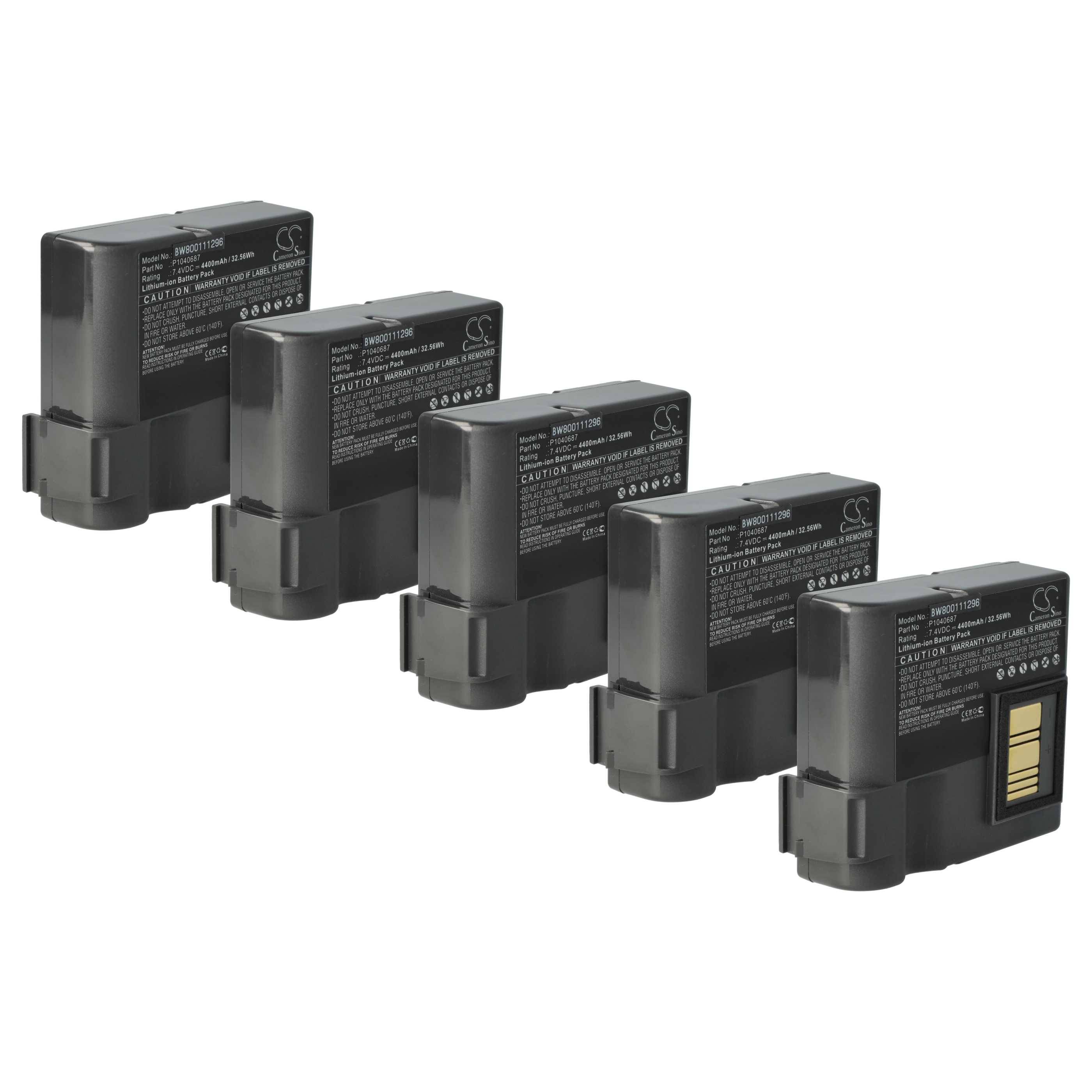 Fünf schwarze wiederaufladbare Batteriepackungen, die in einer Reihe aufgereiht sind und Etiketten mit Sicherheitswarnungen und technischen Details tragen.