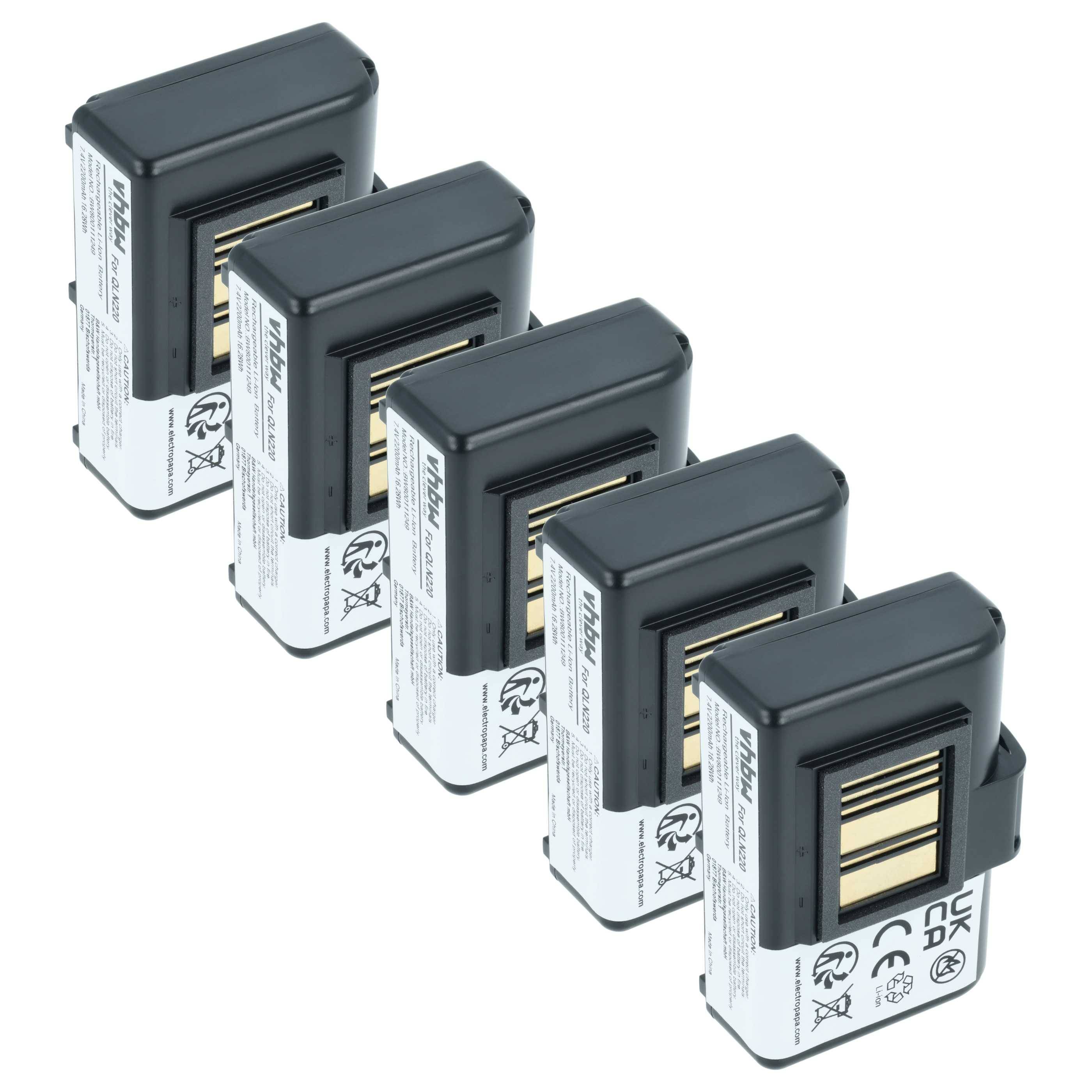 vhbw 5x Akku kompatibel mit Zebra ZQ510, ZQ511 RFID, ZQ500, ZQ511 Drucker Kopierer Scanner Etiketten-Drucker (2200 mAh, 7,4 V, Li-Ion)