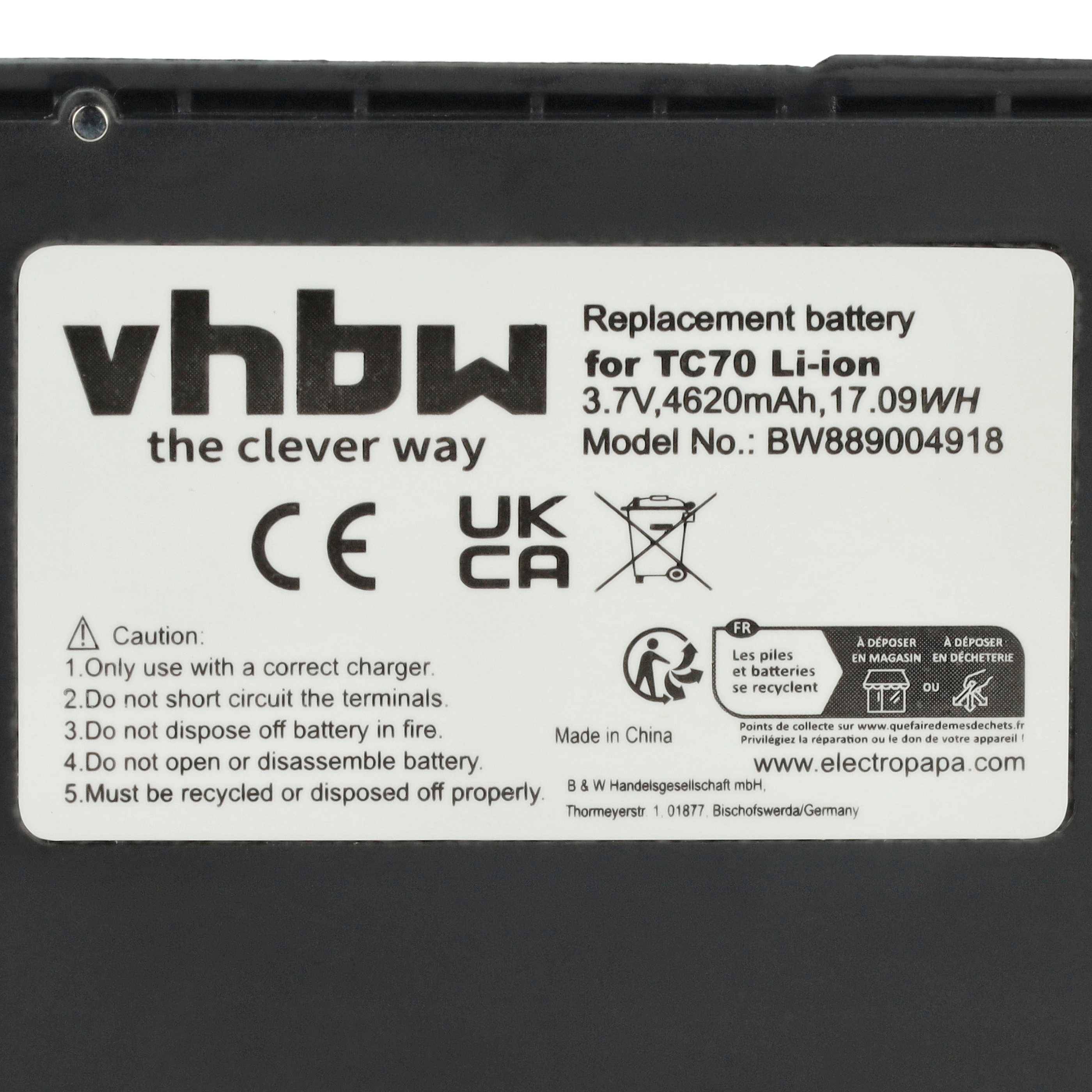 VBW Ersatzakku für TC70 Lithium-Ionen, 3,7V, 4620mAh, 17,09WH. Modell-Nr.: BW889004918. Hergestellt in China. Vorsicht: Nur mit dem korrekten Ladegerät verwenden.