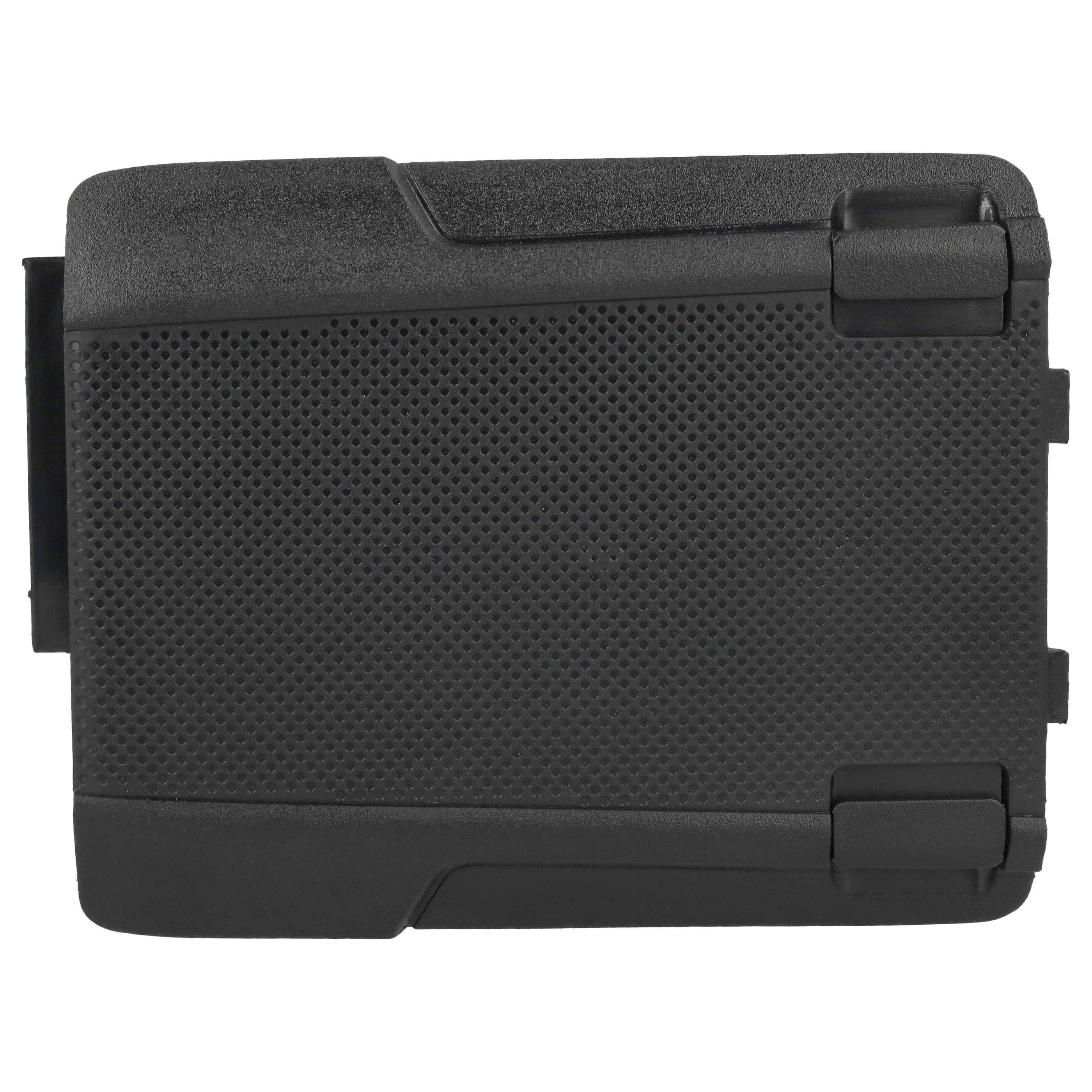 Ein schwarzes, strukturiertes rechteckiges Objekt mit abgerundeten Kanten und Scharnierklemmen auf der rechten Seite erfüllt einen nicht näher bestimmten funktionalen Zweck.