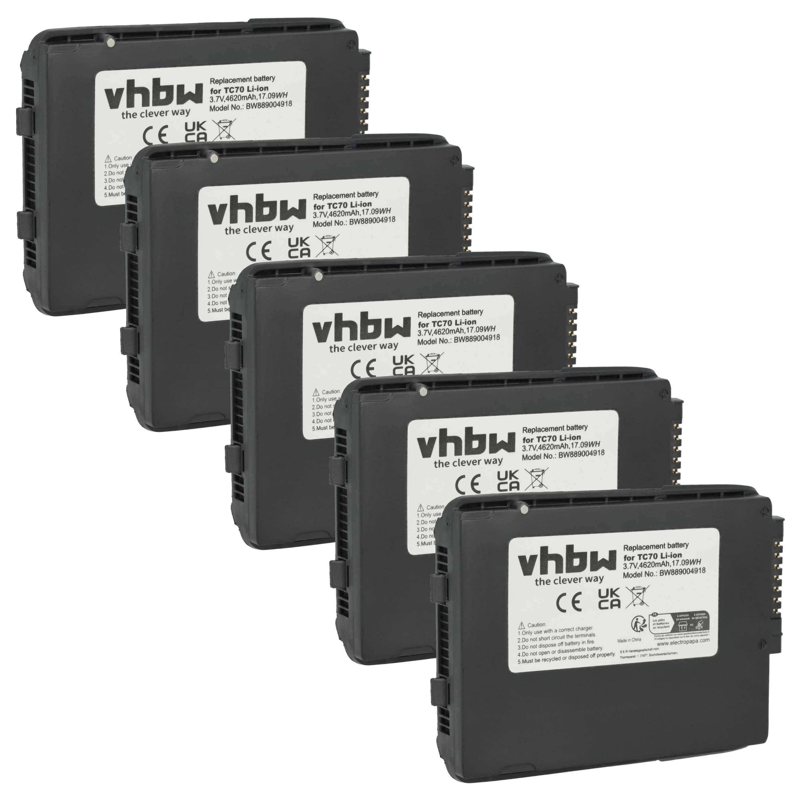 Vier rechteckige schwarze Ersatzbatterien mit den Beschriftungen 'vhbw' und 'the clever way', die jeweils für Nikon-Kameras gekennzeichnet sind, sind in einer Reihe angeordnet.