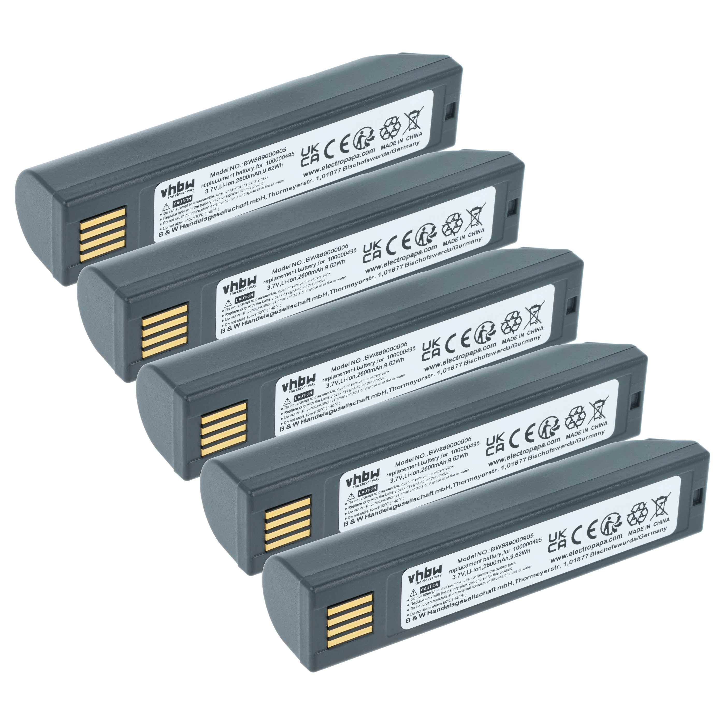 Fünf graue wiederaufladbare Batterien in einer versetzten Anordnung, die jeweils mit technischen Spezifikationen und Sicherheitssymbolen gekennzeichnet sind.