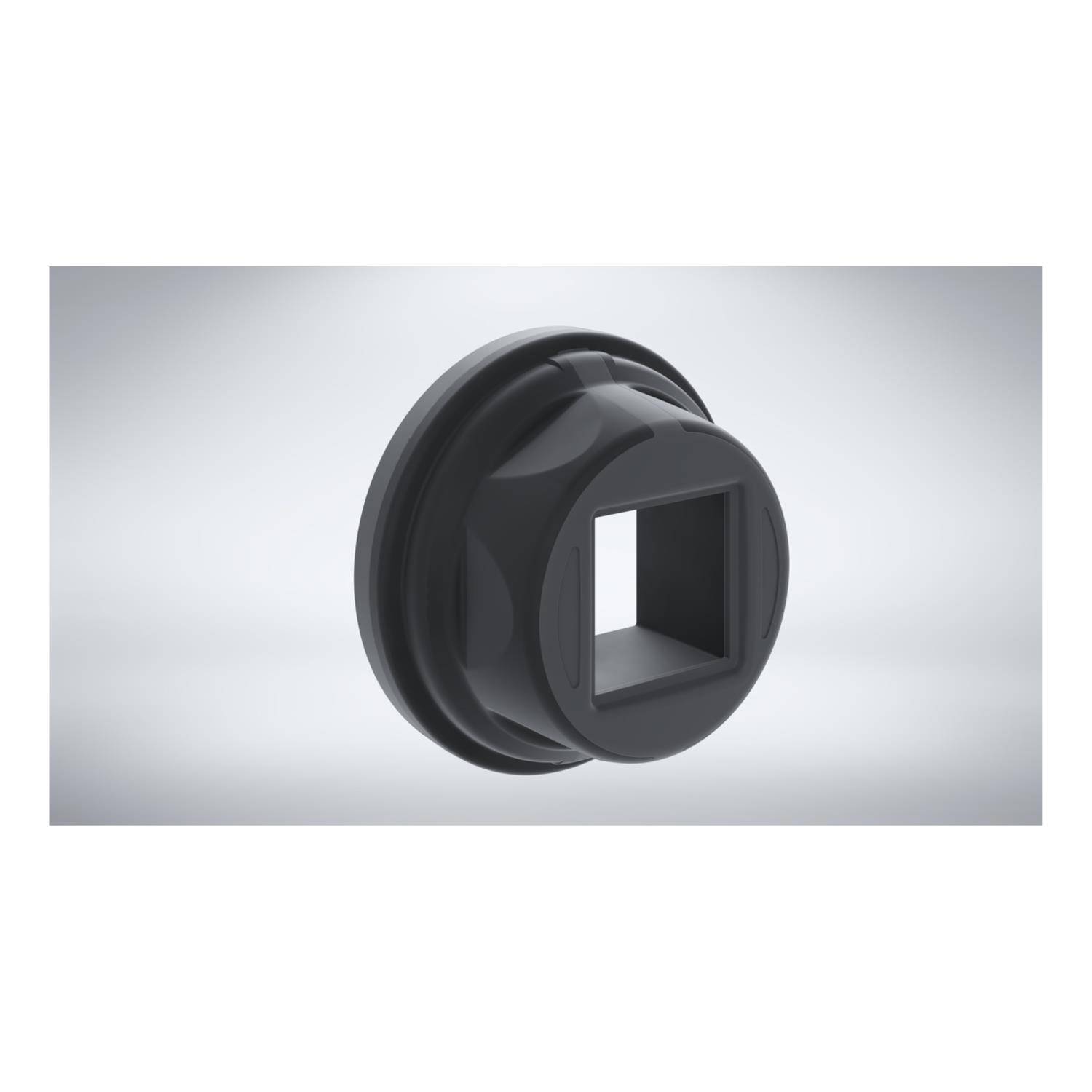 Ein schwarzer quadratischer Kunststoffverbinder mit einem zentralen Hohlraum, der für elektrische oder mechanische Verbindungen verwendet wird, wird vor einem grauen Verlaufshintergrund dargestellt.