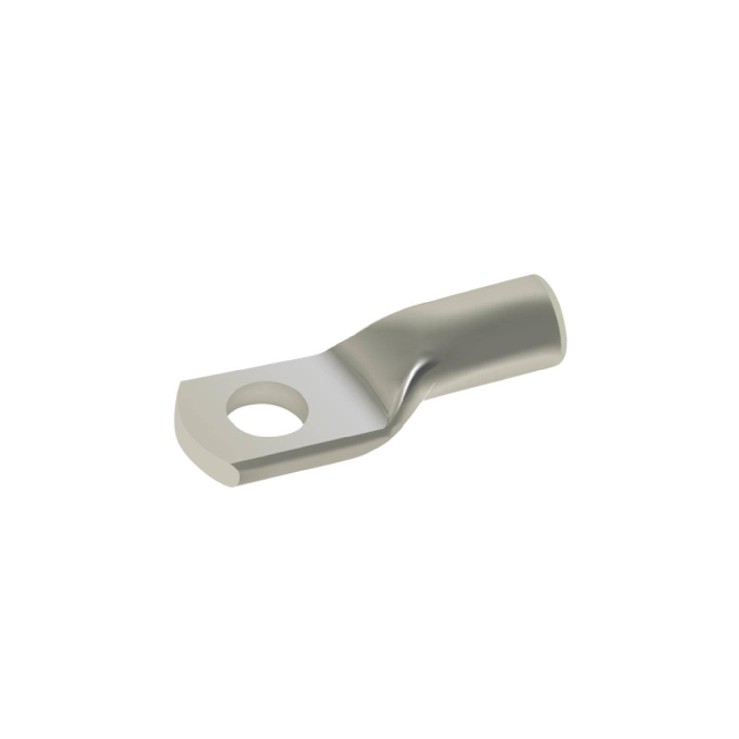 Eine metallische Kabelklemme mit einem röhrenförmigen Ende zum Einfügen des Kabels und einem flachen Ende mit einem Loch zum Anbringen an einem Terminal oder einer Sammelschiene.