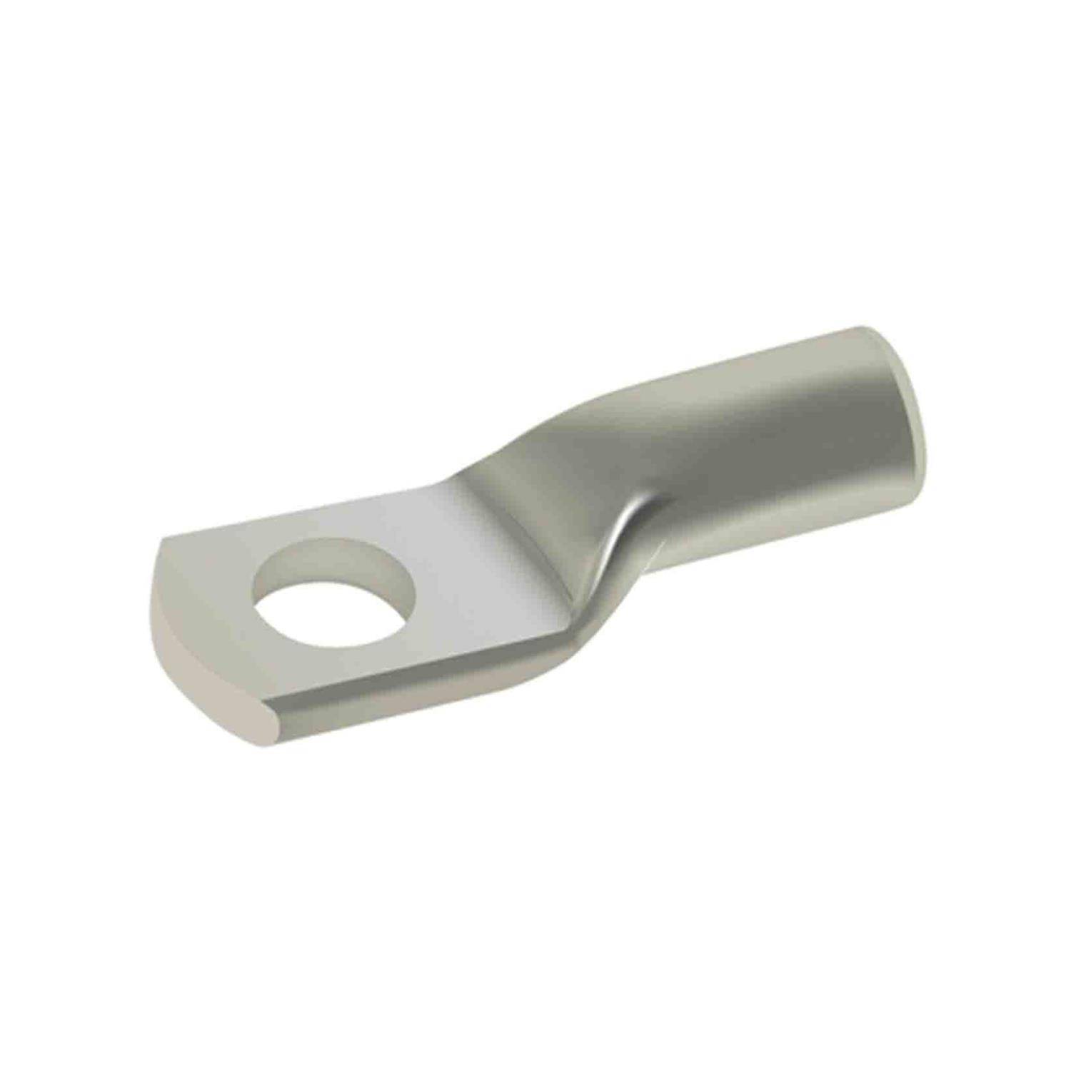 Ein Metallverbinder mit einer kreisförmigen Öffnung an einem Ende und einem Rohr am anderen Ende, der zur Befestigung von Elektrokabeln verwendet wird.