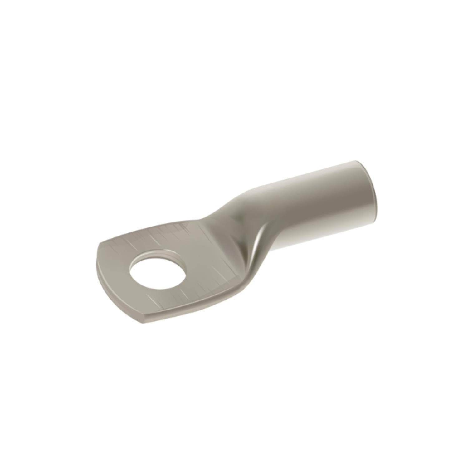 Eine Metallektrodenendverbindung mit einem röhrenförmigen Ende zum Einfügen eines Drahtes und einem flachen Ende mit einem kreisrunden Loch zur Verbindung mit einem Gewindestift oder einer Schraube.