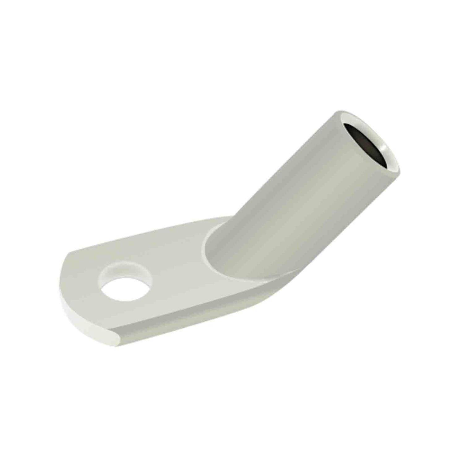 Ein weißer, gewinkelte Zylinderpfeife mit einer flachen Basis, die in der Nähe eines Endes ein kreisrundes Loch aufweist.