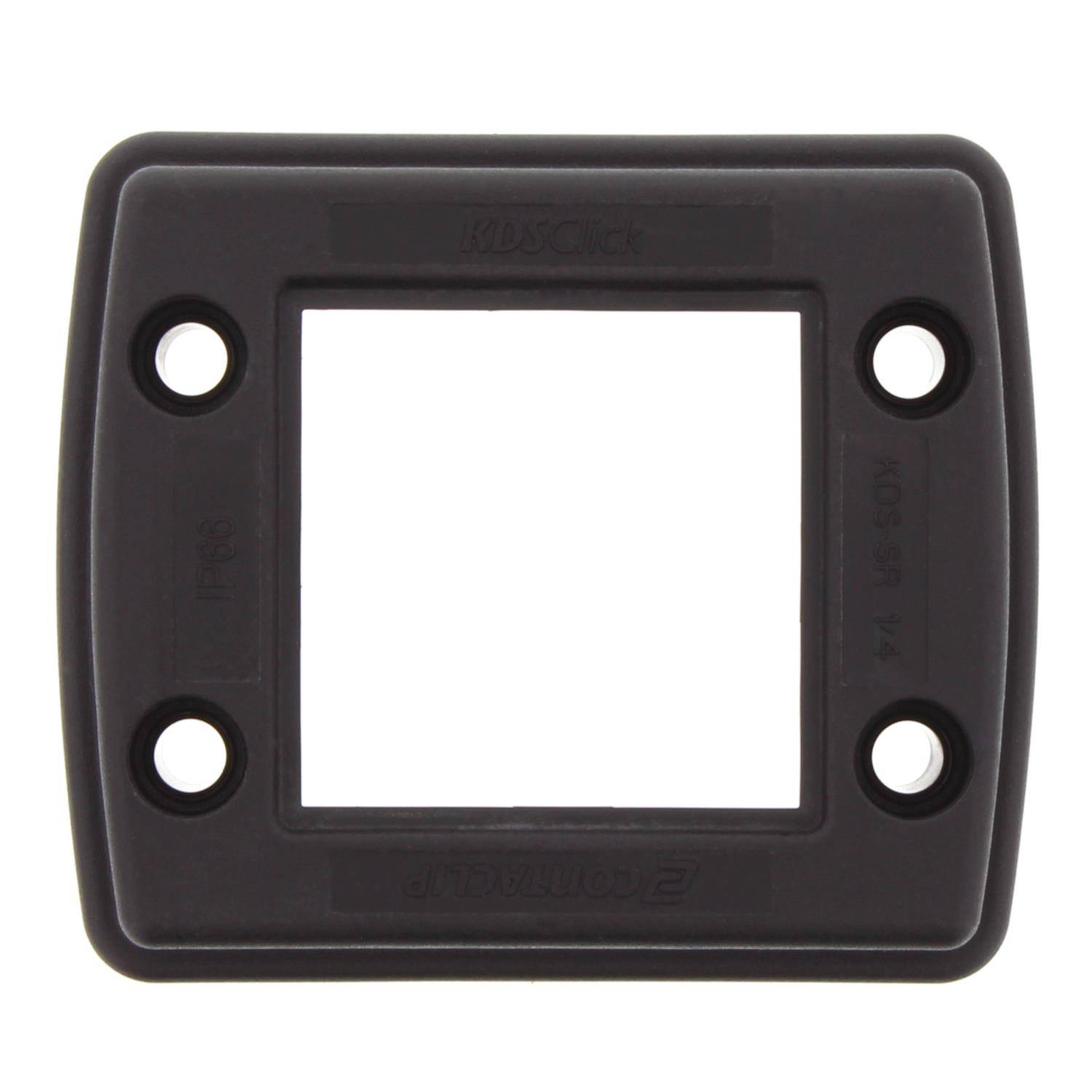 Eine quadratische, schwarze Montageklammer mit vier kreisförmigen Löchern an den Ecken, die zum Befestigen einer Vorrichtung oder Komponente verwendet wird.