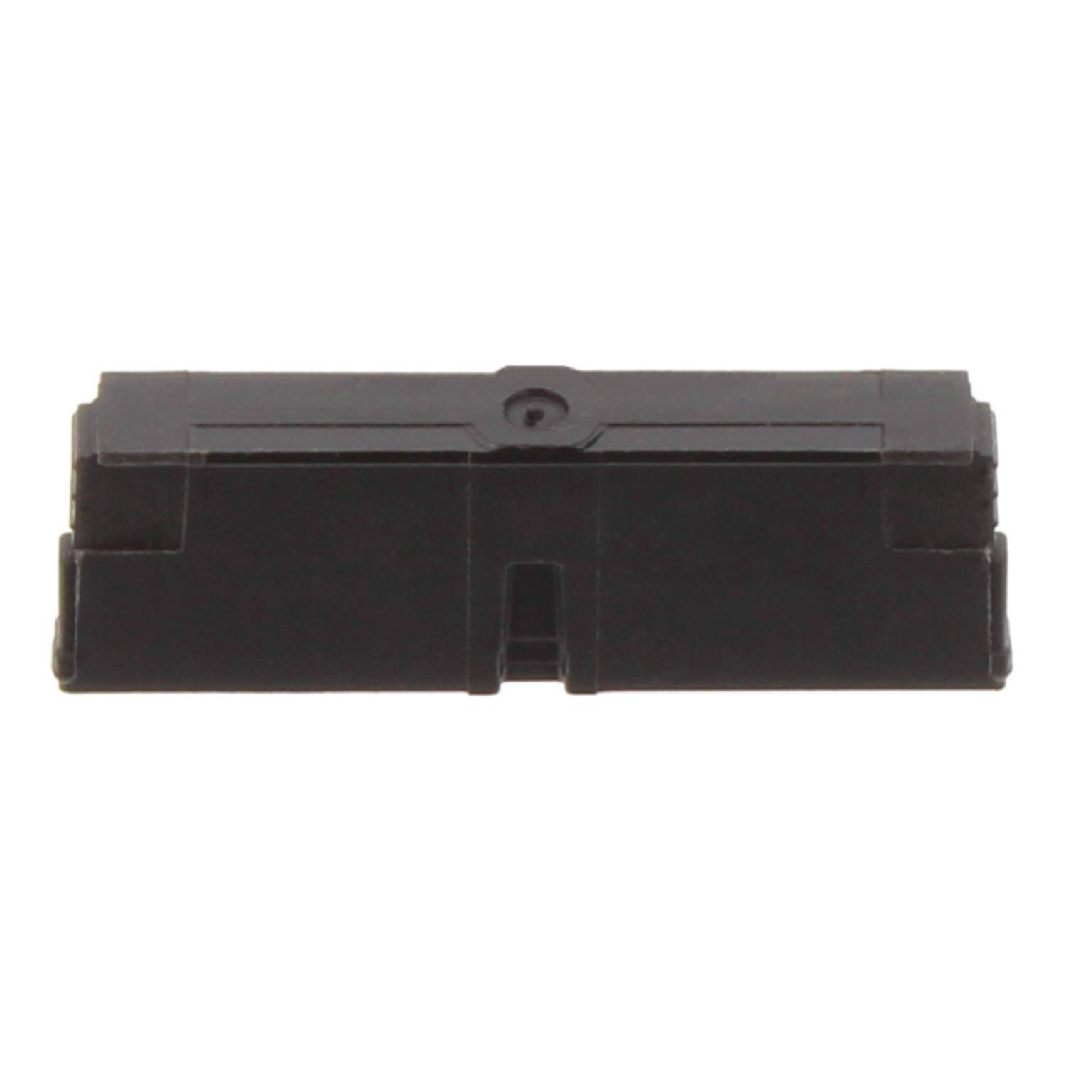 Eine kleine schwarze elektronische Komponente mit rechteckiger Form und minimalen Details, möglicherweise ein Sensor oder Anschluss, auf weißem Hintergrund.