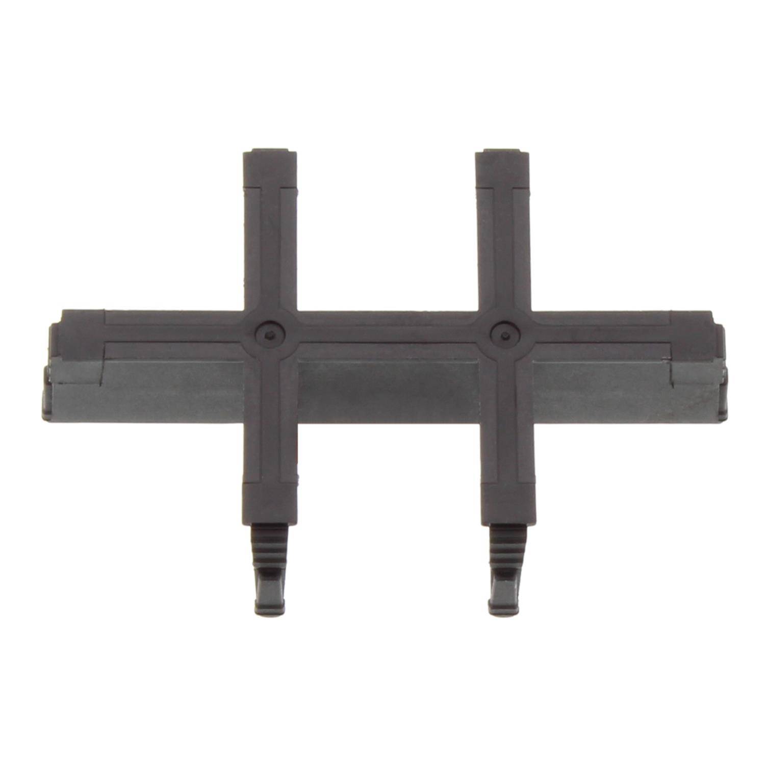 Ein schwarzer, kreuzförmiger Kunststoffverbinder mit zwei Haken am unteren Ende, wahrscheinlich zum Verbinden von Komponenten in einem modularen System verwendet.