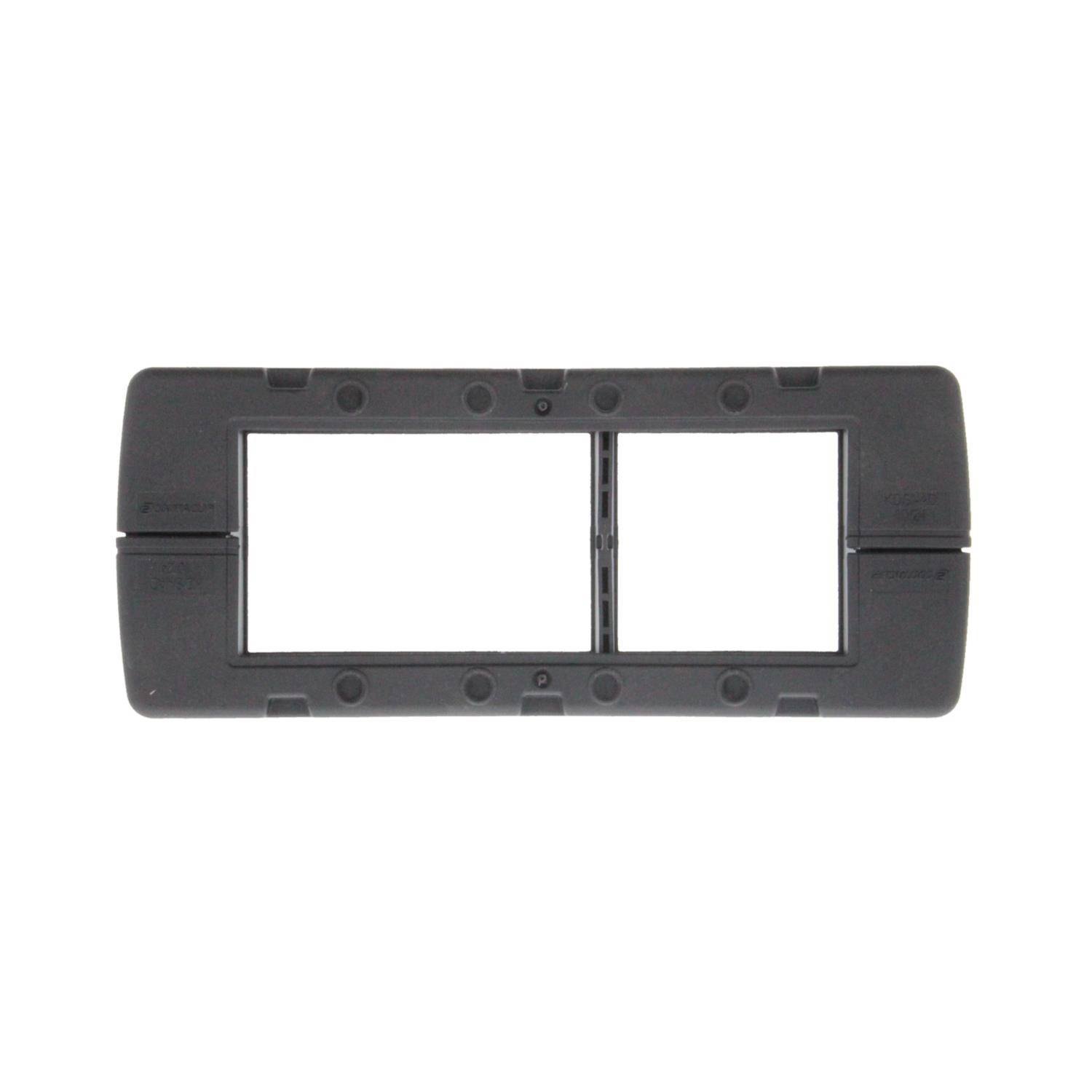 Eine schwarze rechteckige Doppel-Schalterblende mit zwei Öffnungen für Schalter, konzipiert zur Wandmontage.