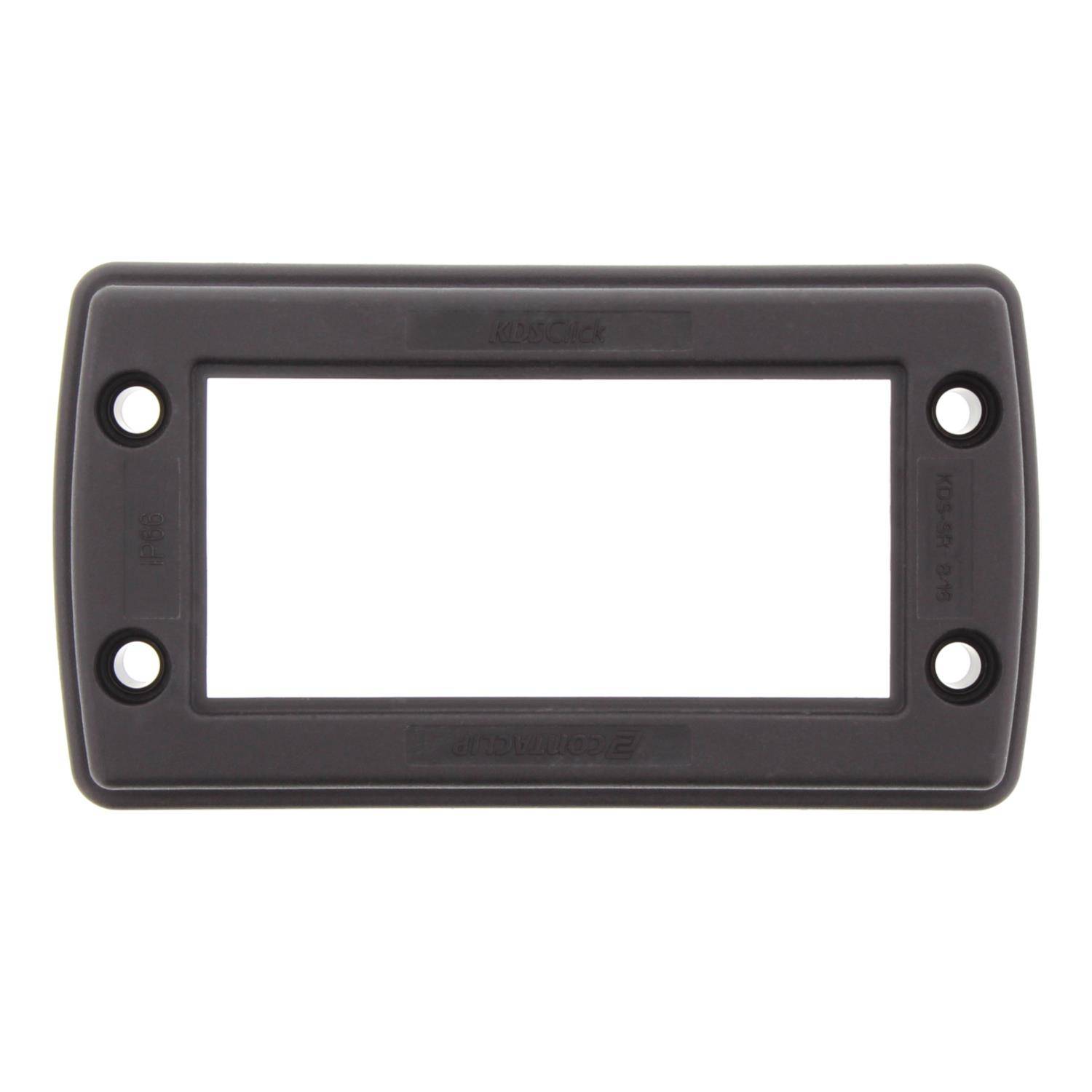 Ein schwarzer rechteckiger Kennzeichenrahmen mit vier Schrauböffnungen an den Ecken und einer breiten Öffnung in der Mitte.