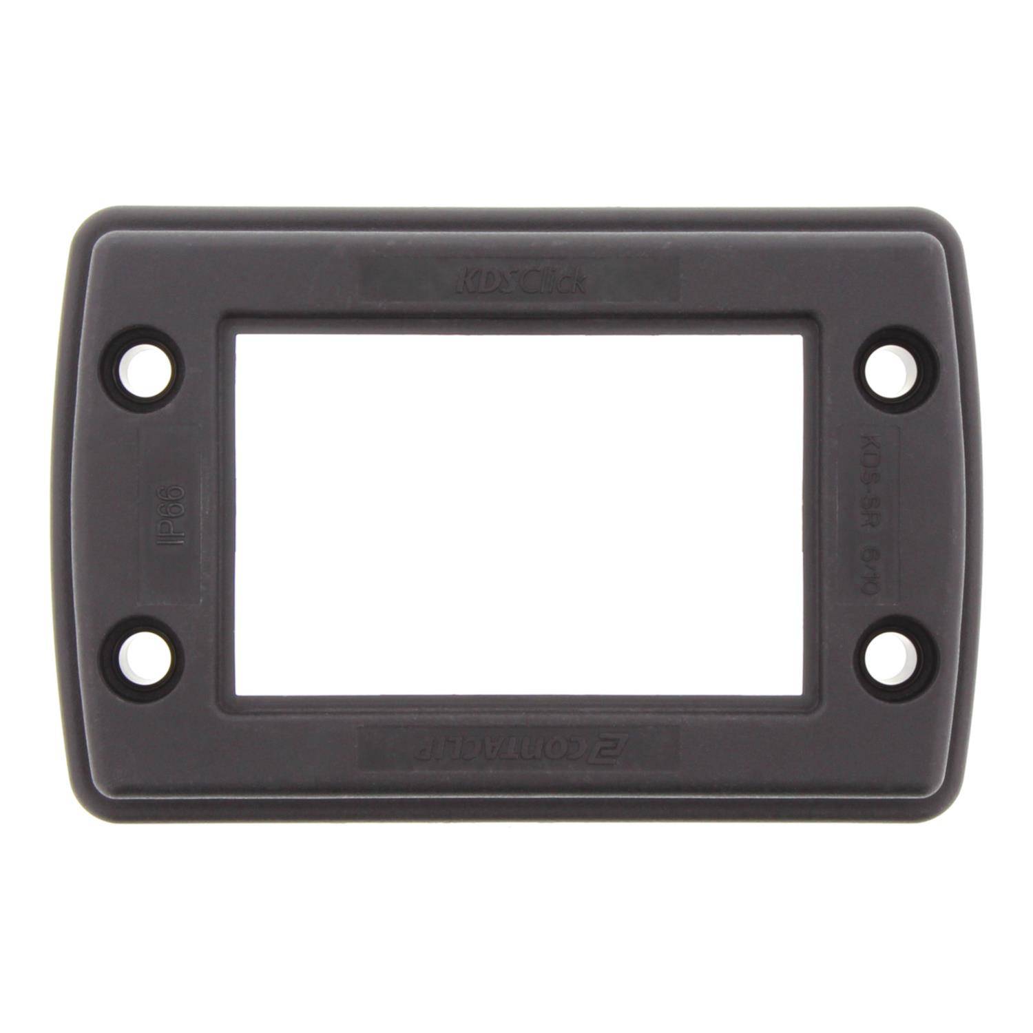 Eine rechteckige, dunkle Kunststoffhalterung mit vier Schraublöchern zur Befestigung. Der zentrale Ausschnitt ist von gravierten Text umgeben.