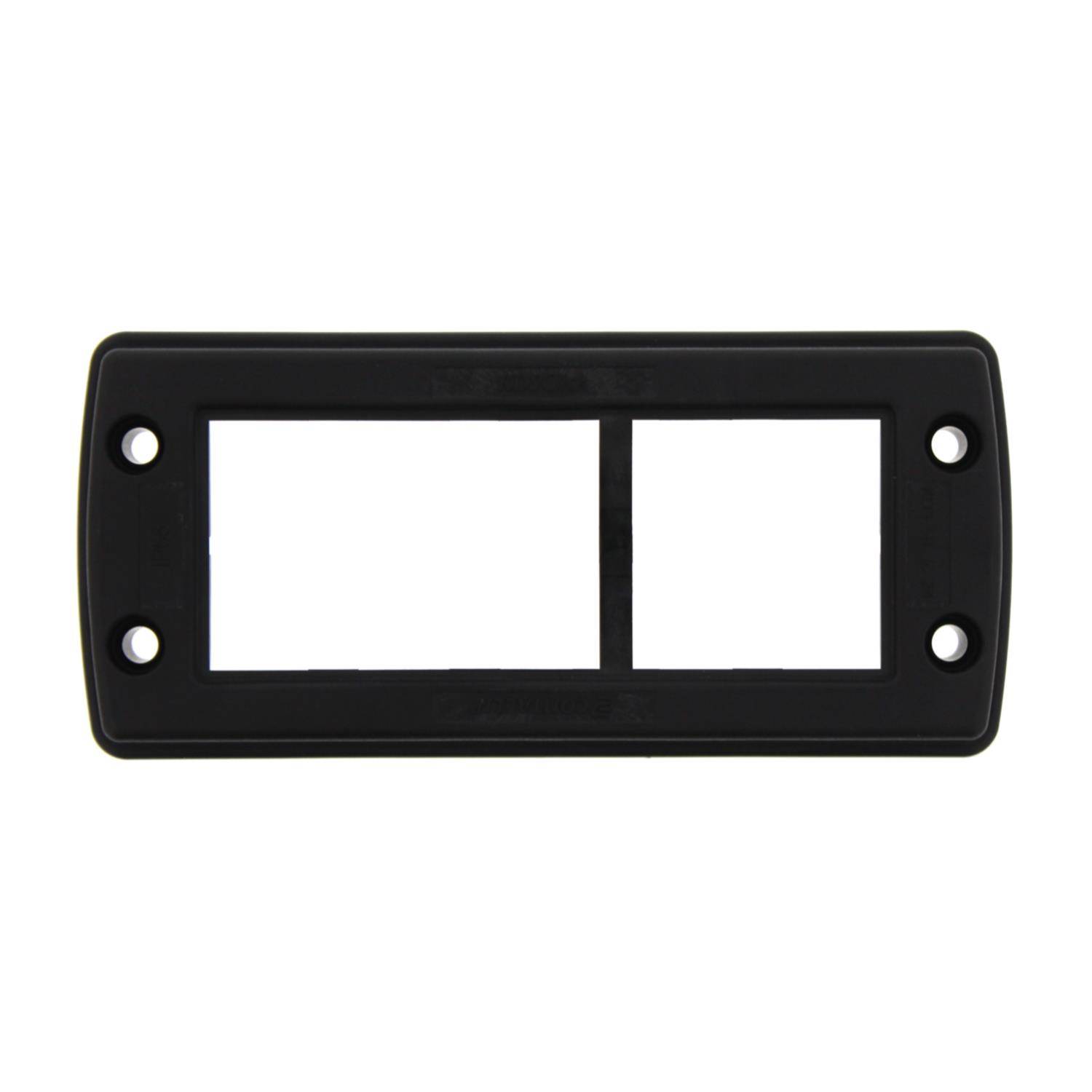 Ein schwarzer rechteckiger Kunststoffrahmen mit zwei offenen Schlitzen und vier Schraublöchern, der häufig zum Befestigen von elektrischen Schaltern oder Steckdosen verwendet wird.