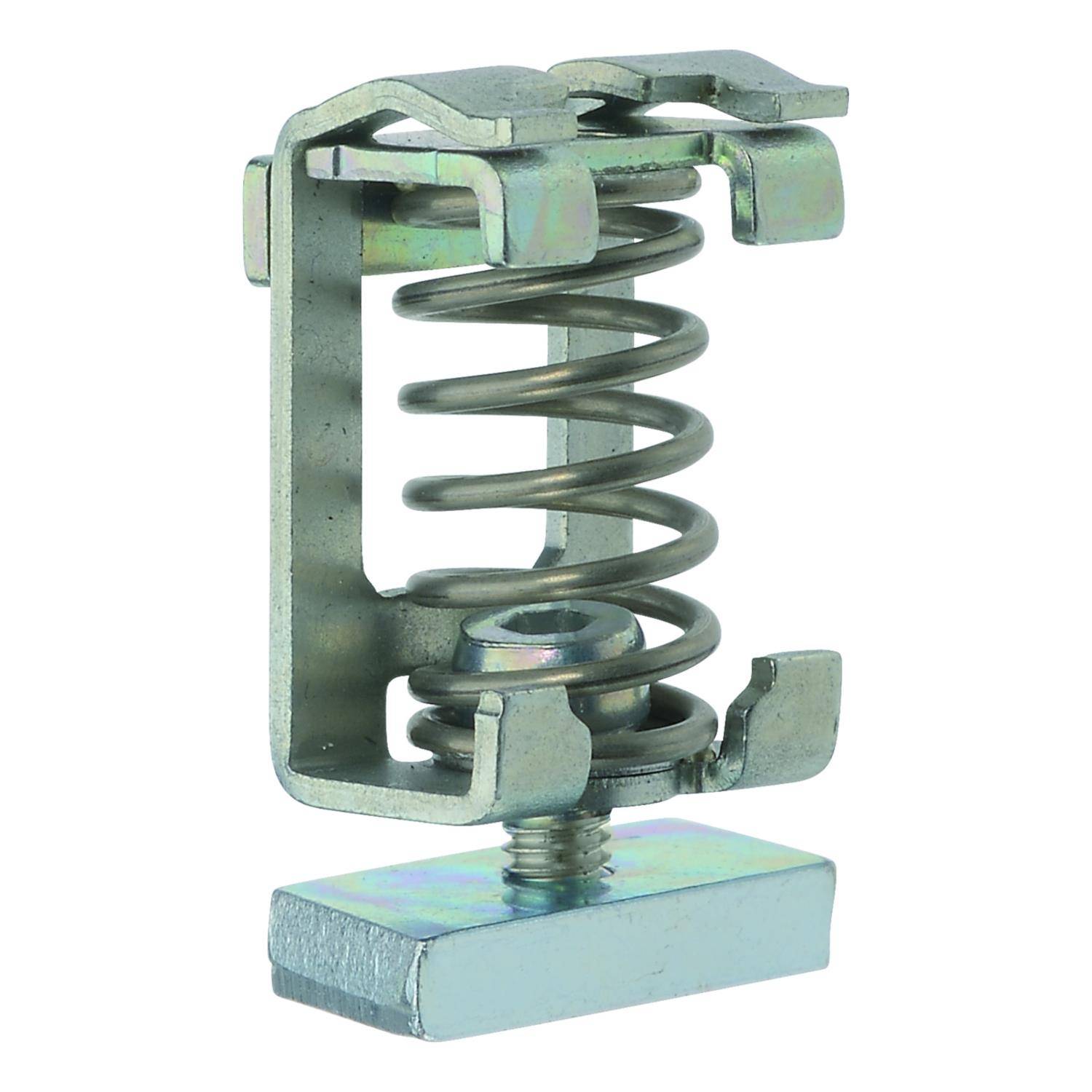 Eine metallische Federmutternklemme mit einer gewickelten Feder in einem rechteckigen Rahmen, die zur Befestigung von Komponenten beim Bau oder bei Montagearbeiten verwendet wird.