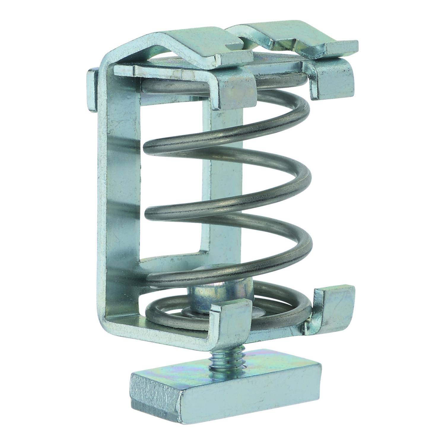 Eine Metallfederklemme mit quadratischem Rahmen und einer zentralen Windungsfeder, die zum Befestigen von Kabeln oder Komponenten verwendet wird.