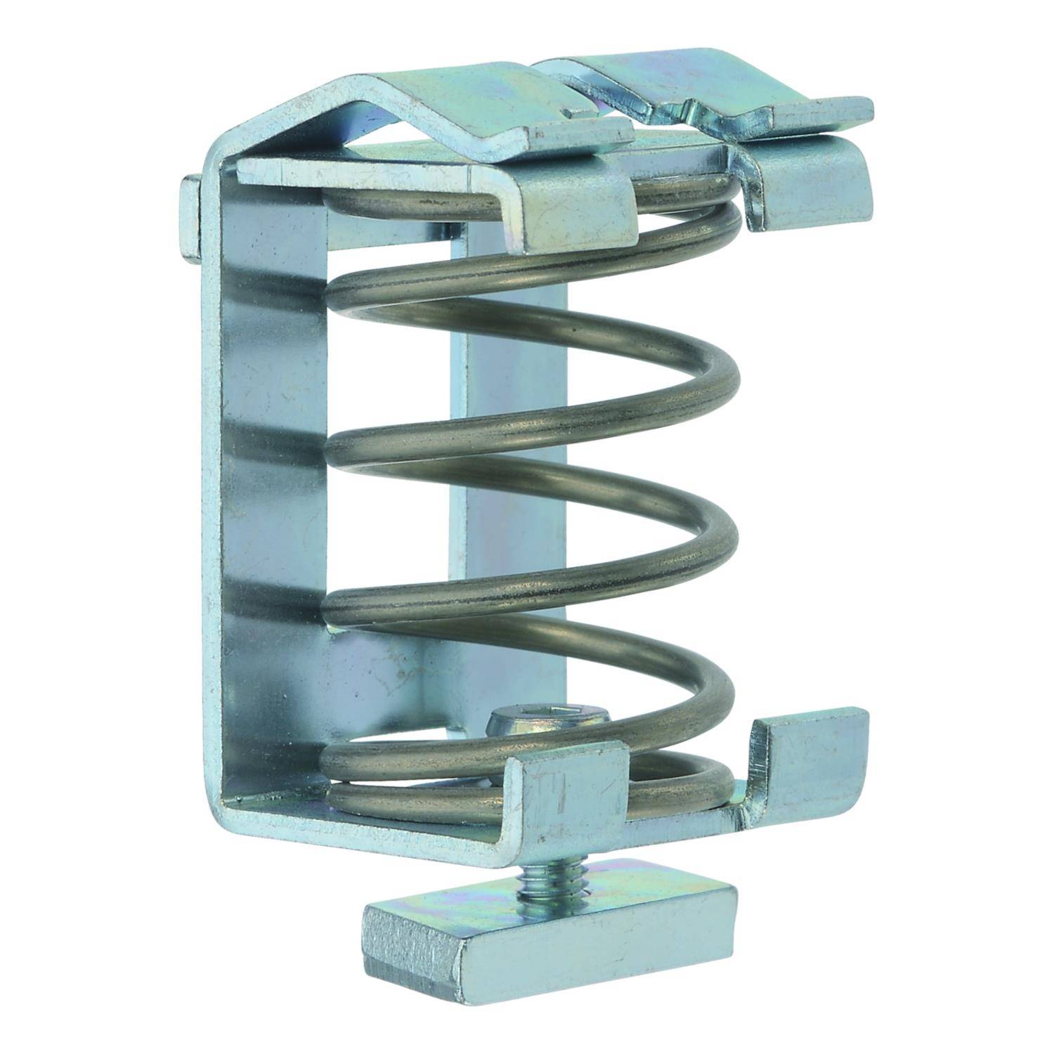 Eine Metallfederklammer mit rechteckigem Rahmen und gewickelter Feder, die zum sicheren Befestigen oder Montieren von Objekten verwendet wird.